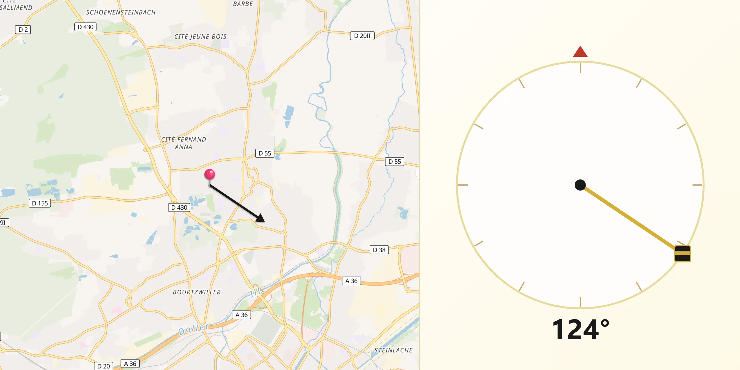 Direction vers la Qibla depuis Kingersheim