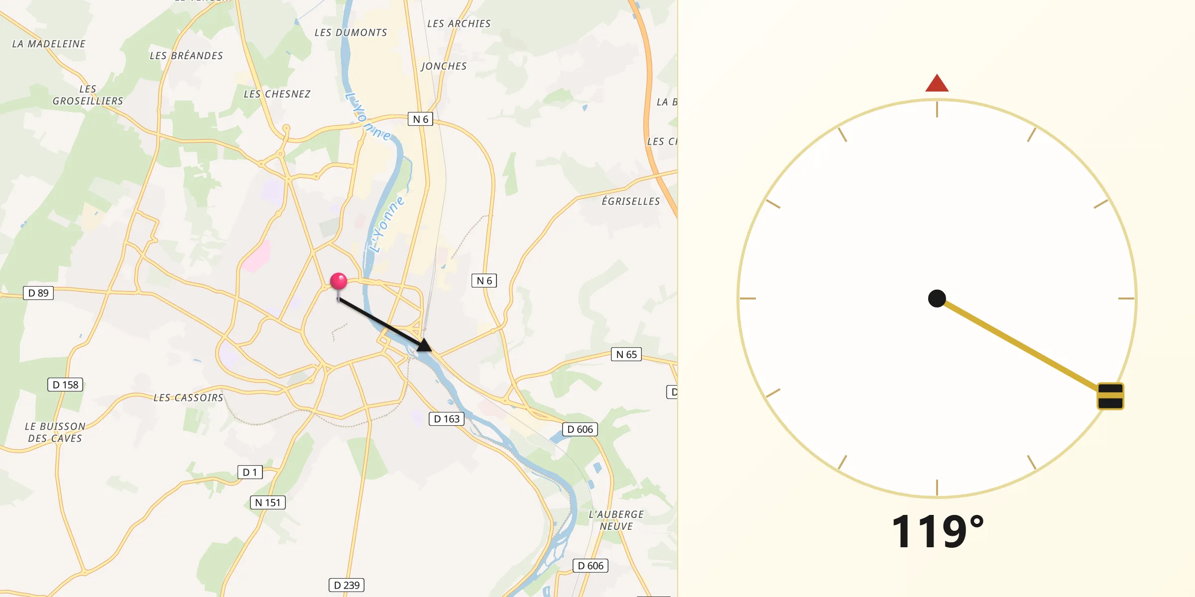 Direction vers la Qibla depuis Auxerre