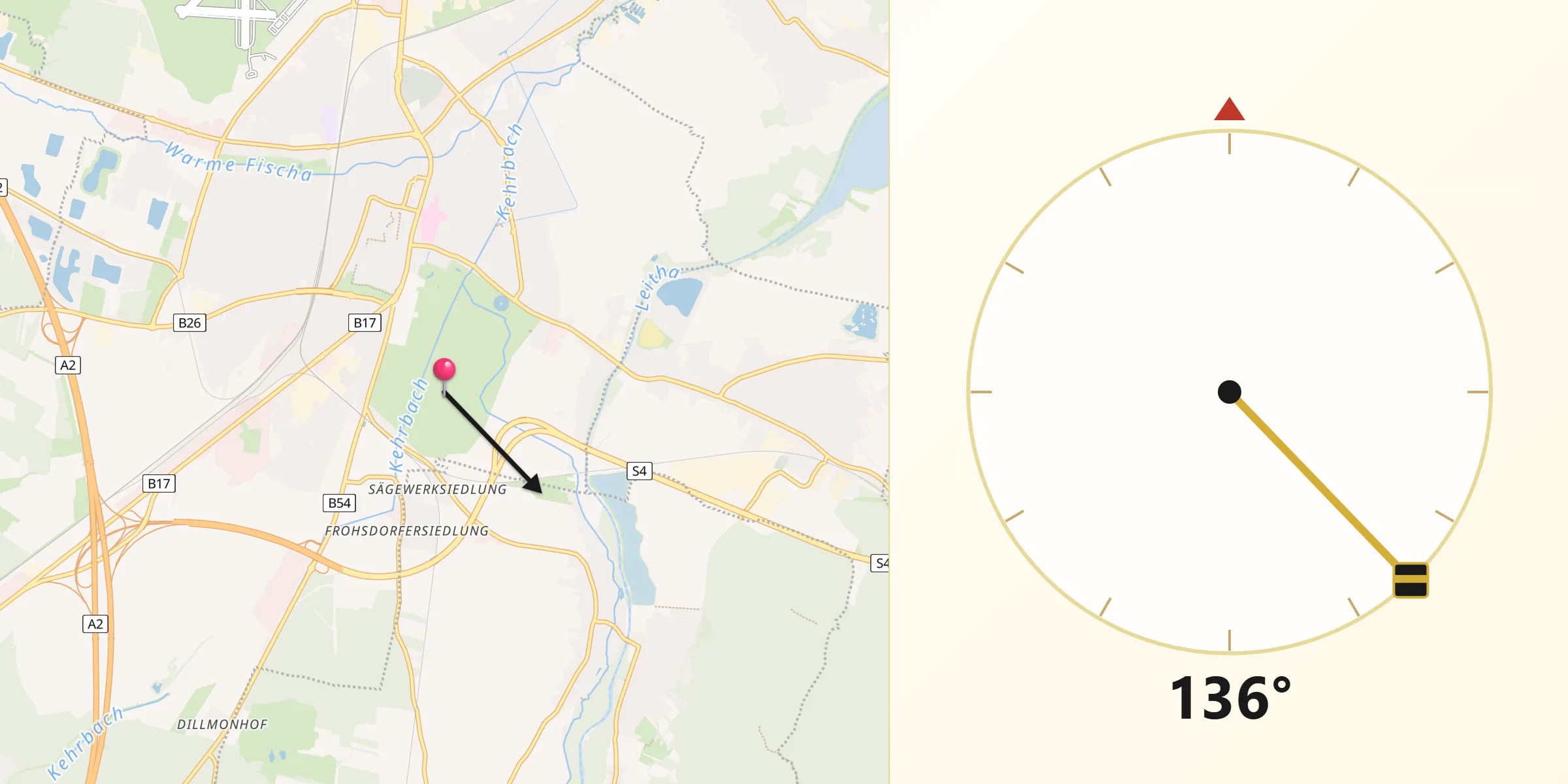 Qibla-Richtung von Wiener Neustadt Stadt