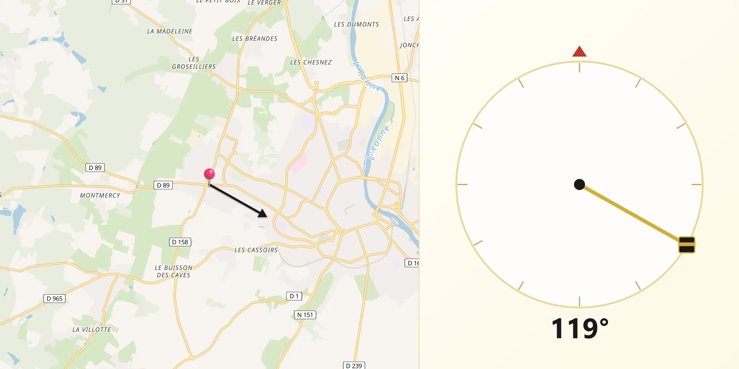Direction vers la Qibla depuis Saint-Georges-sur-Baulche