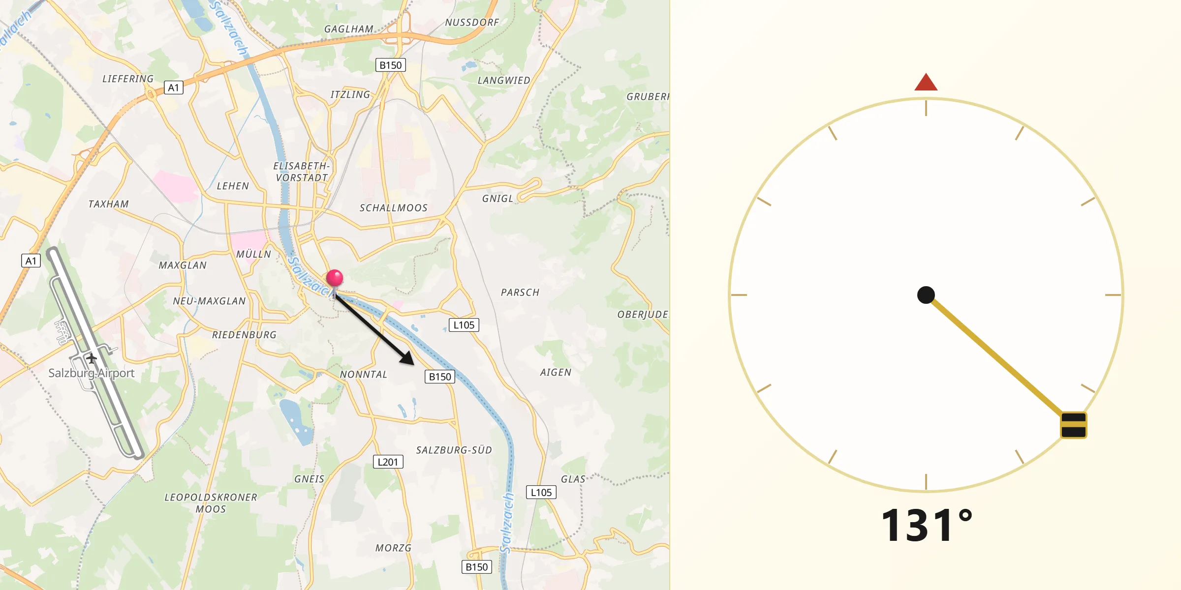 Qibla-Richtung von Salzburg Stadt