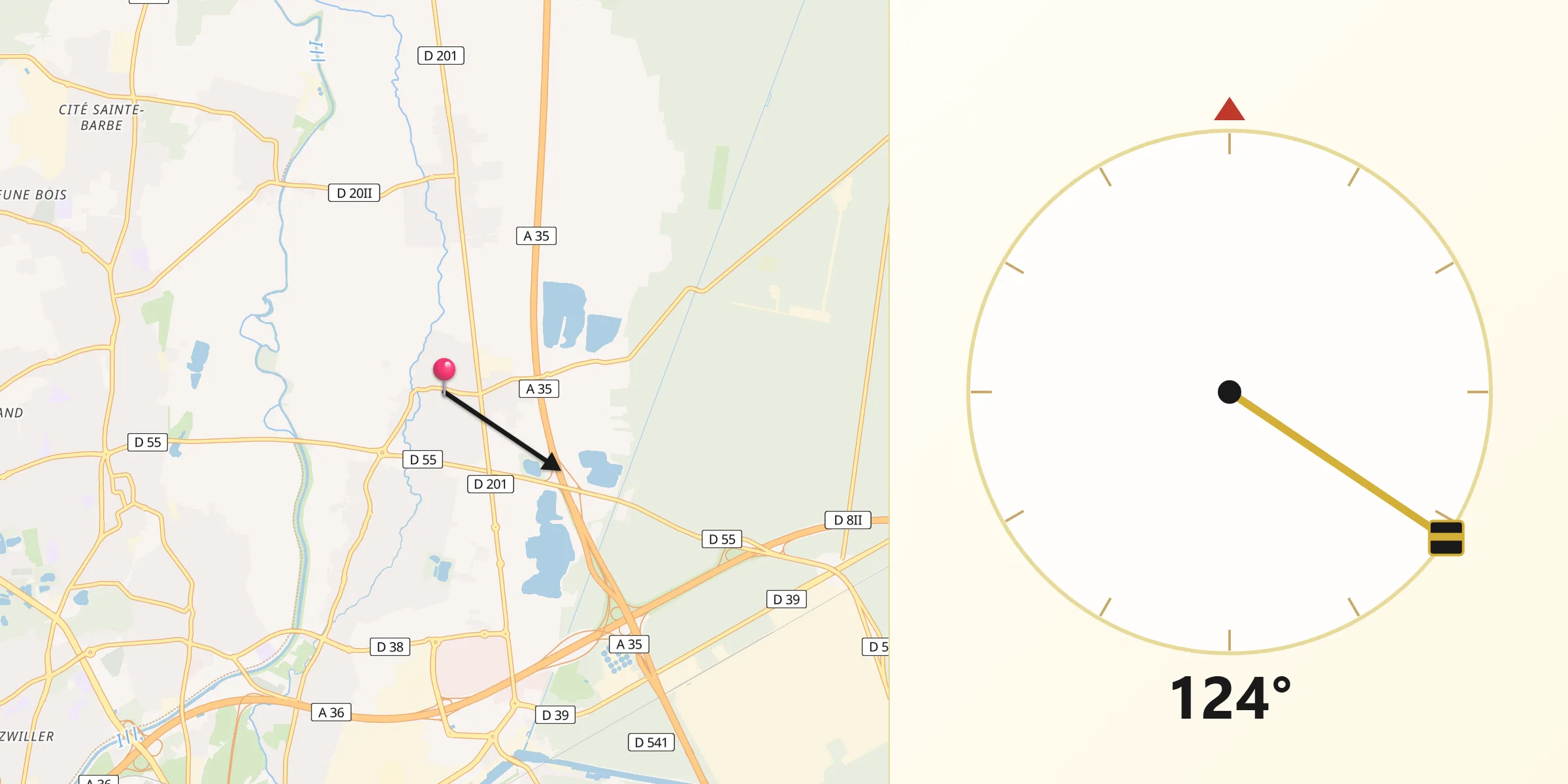 Direction vers la Qibla depuis Baldersheim