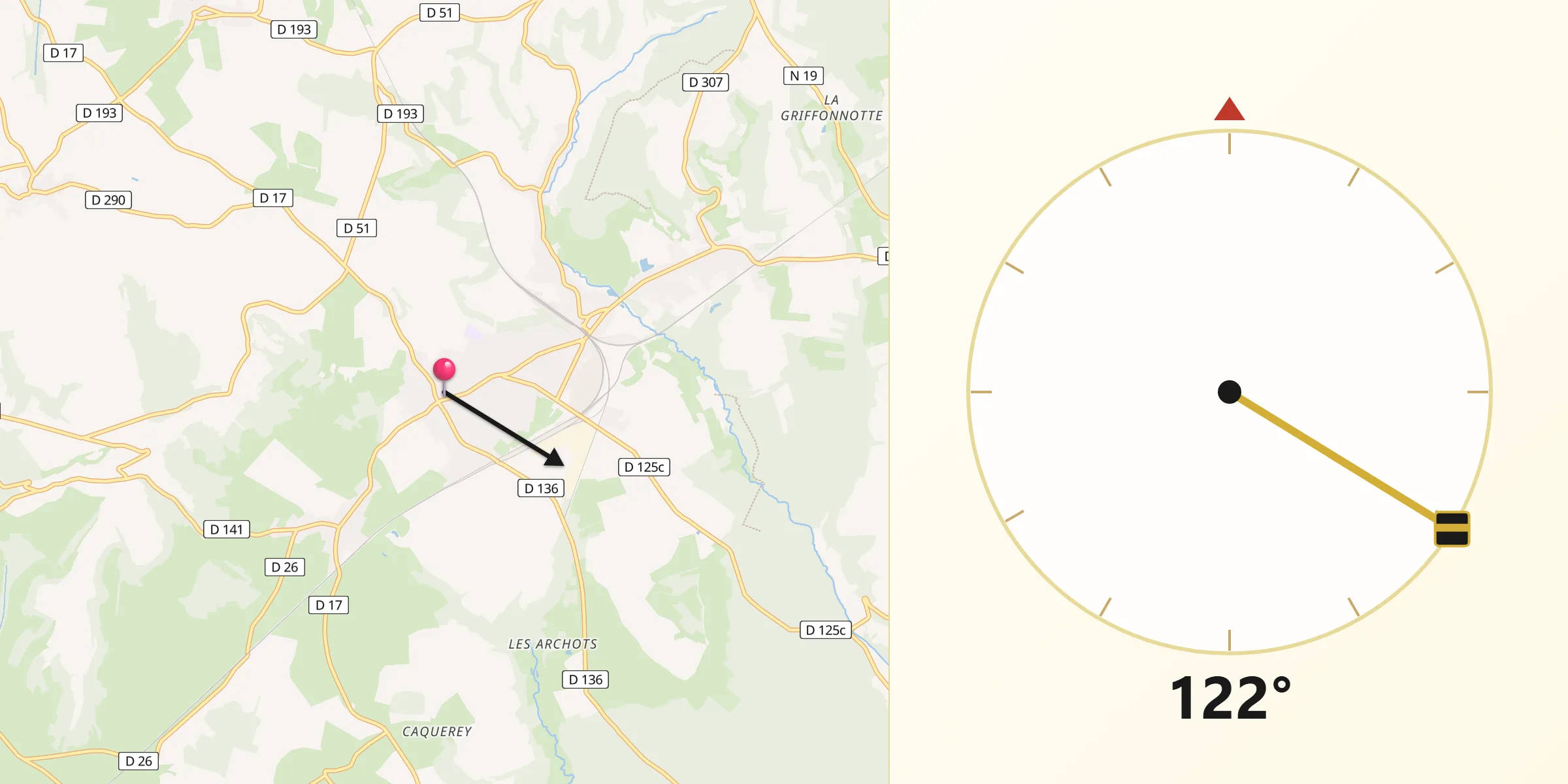 Direction vers la Qibla depuis Chalindrey