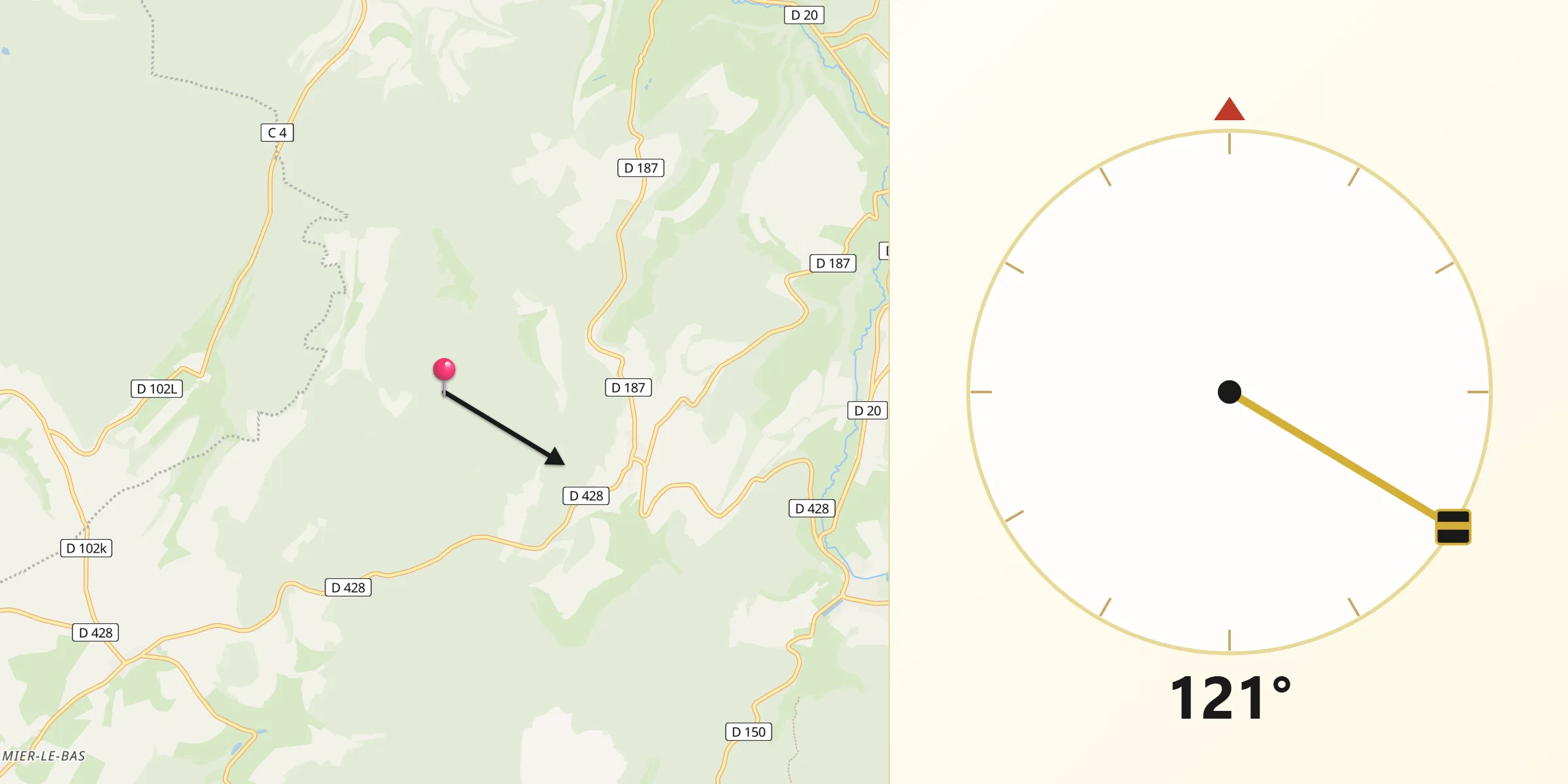 Direction vers la Qibla depuis Rouelles