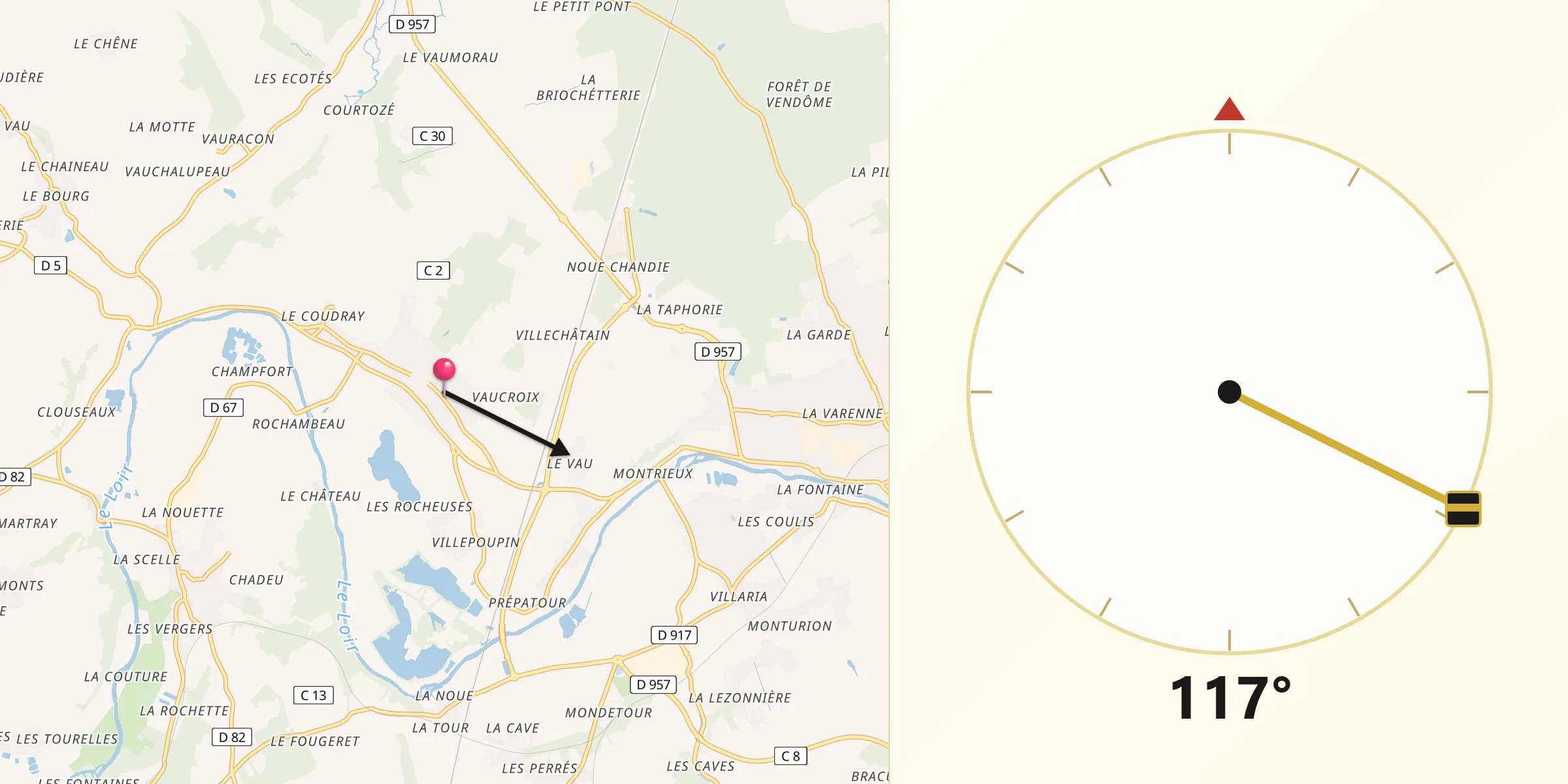 Direction vers la Qibla depuis Villiers-sur-Loir