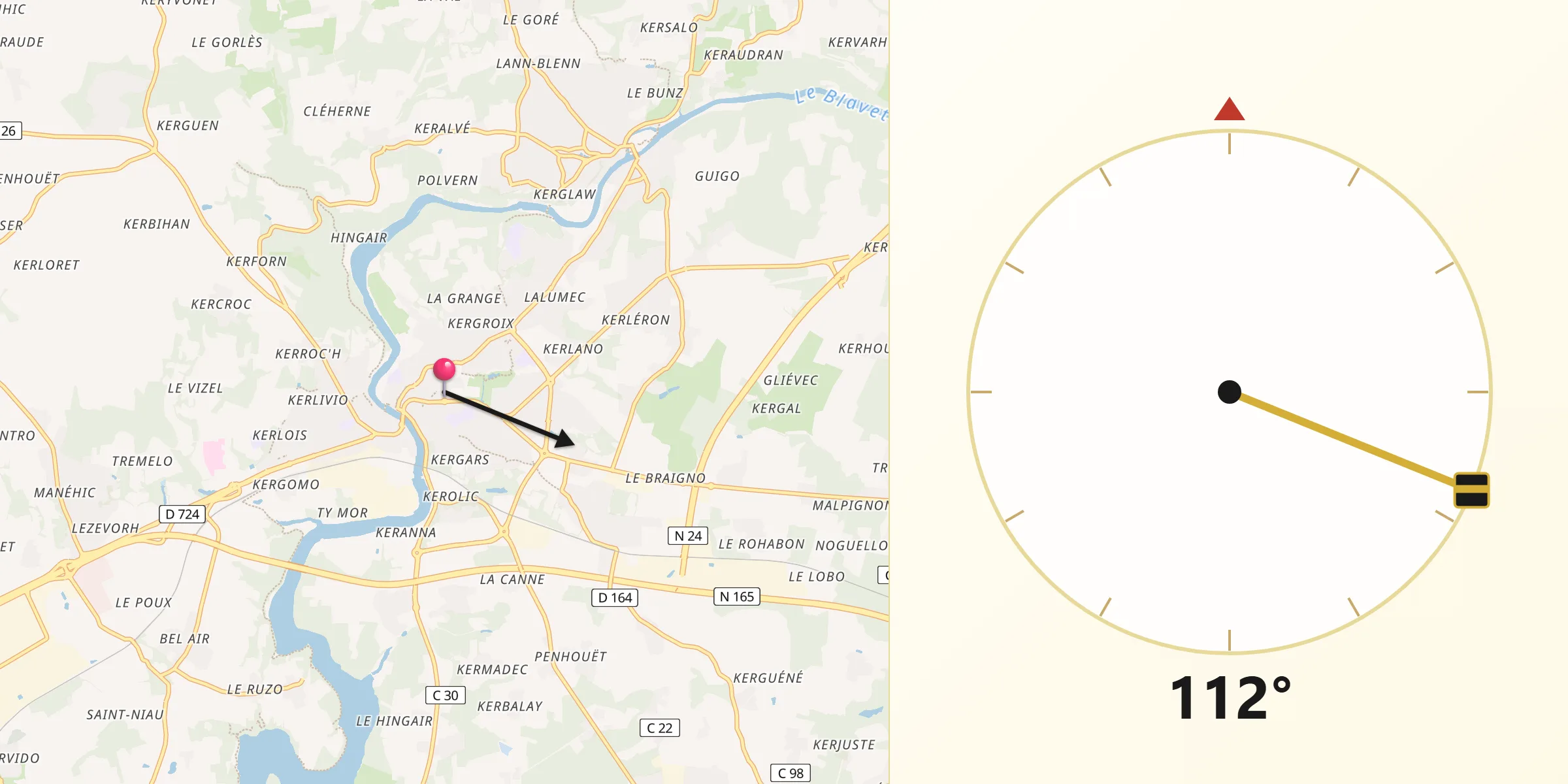 Direction vers la Qibla depuis Hennebont