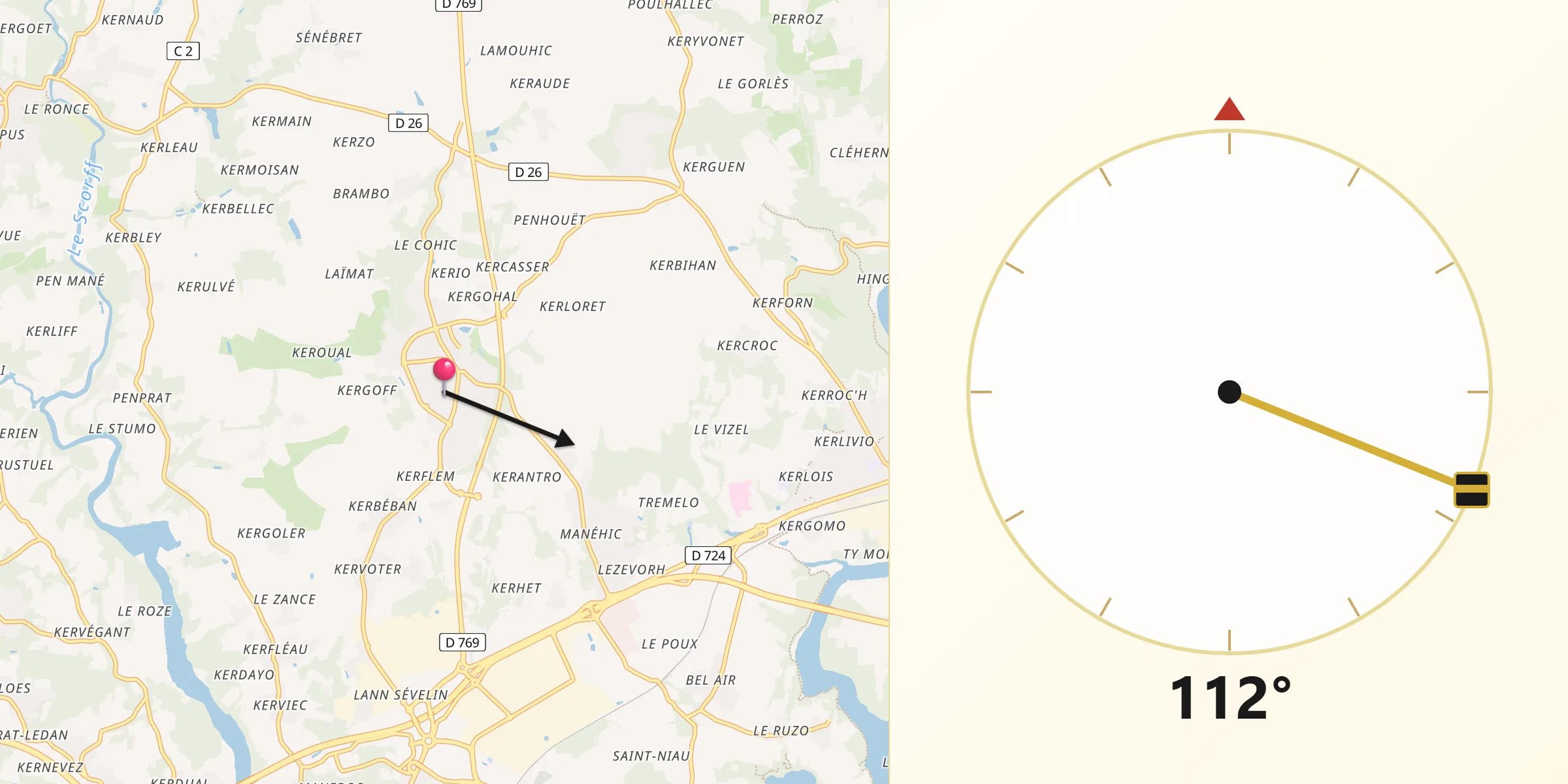 Direction vers la Qibla depuis Caudan