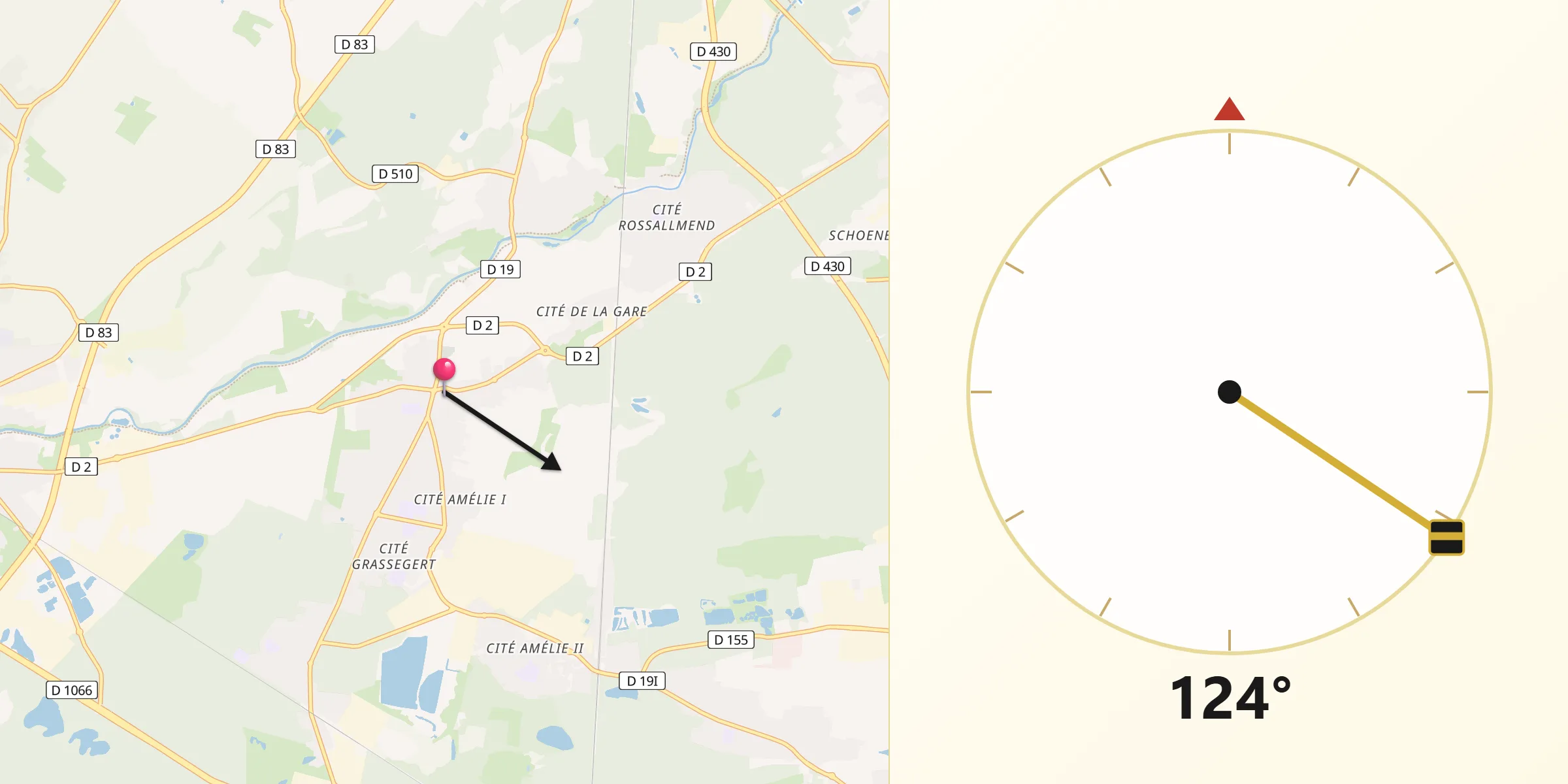 Direction vers la Qibla depuis Wittelsheim