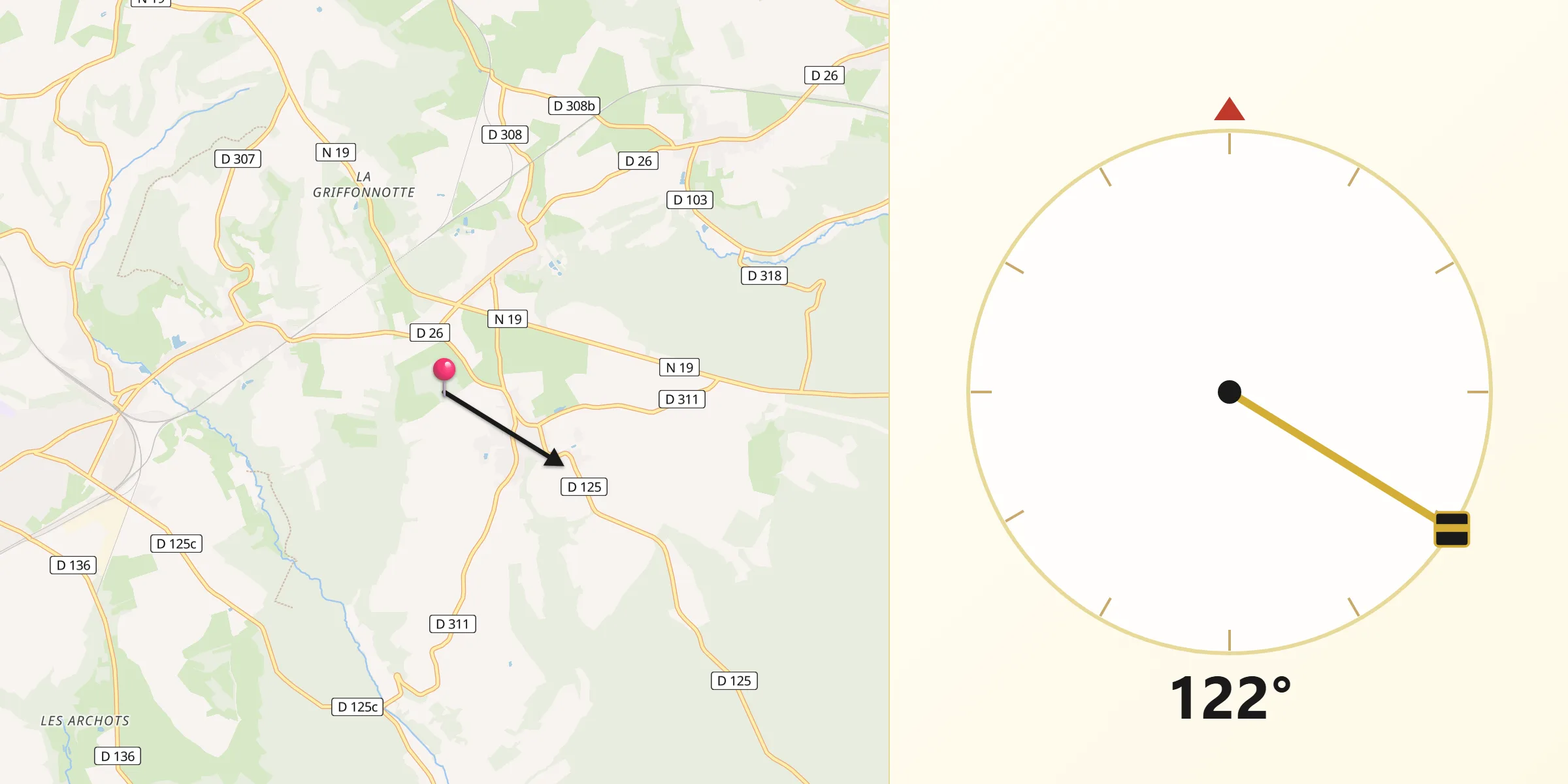 Direction vers la Qibla depuis Rougeux