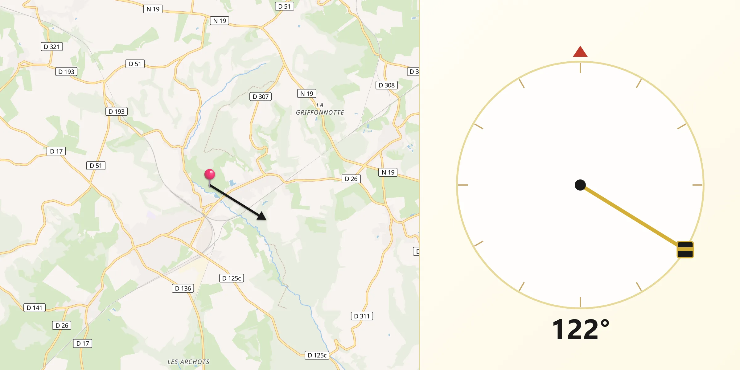 Direction vers la Qibla depuis Torcenay