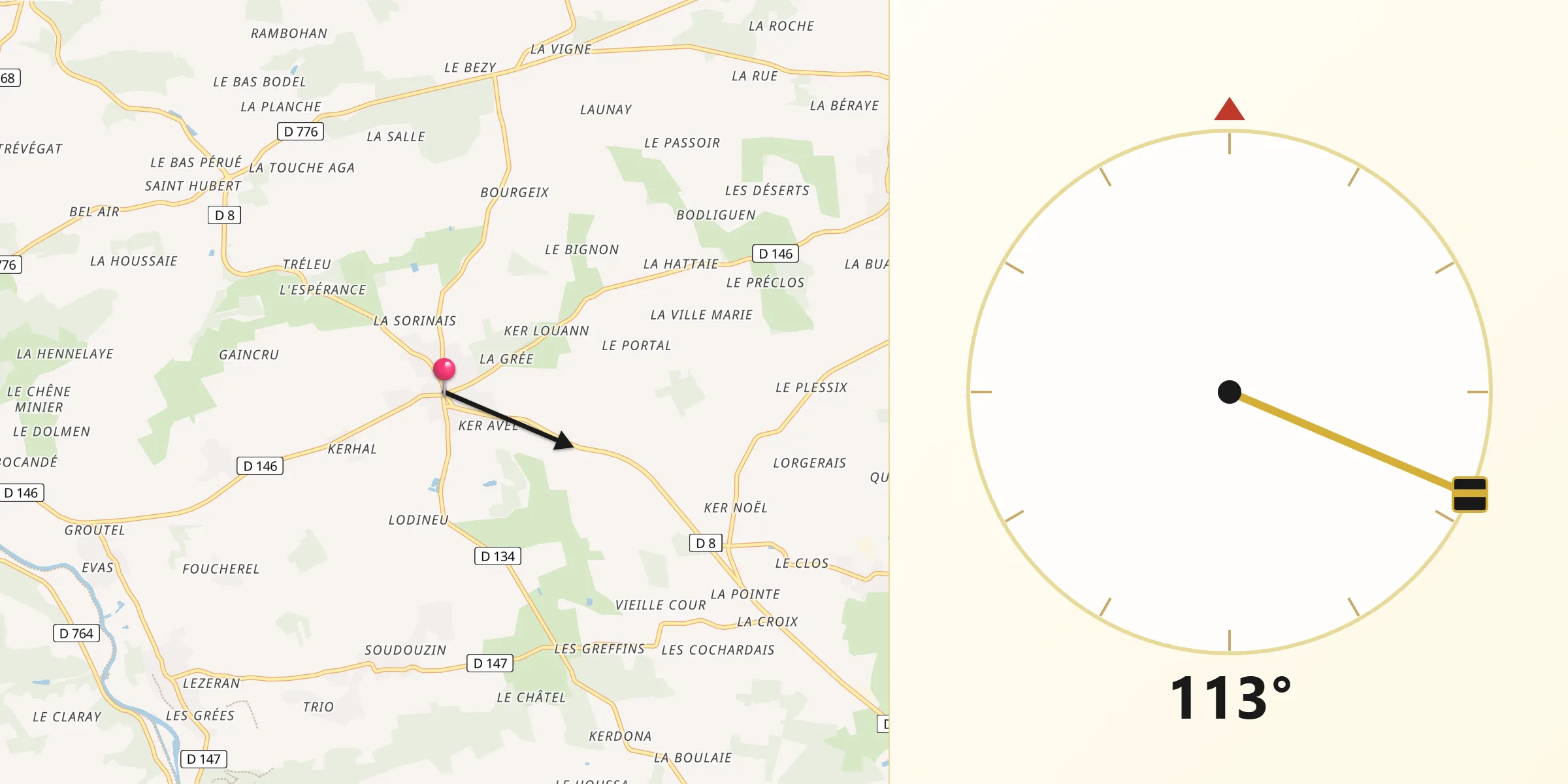Direction vers la Qibla depuis Ruffiac