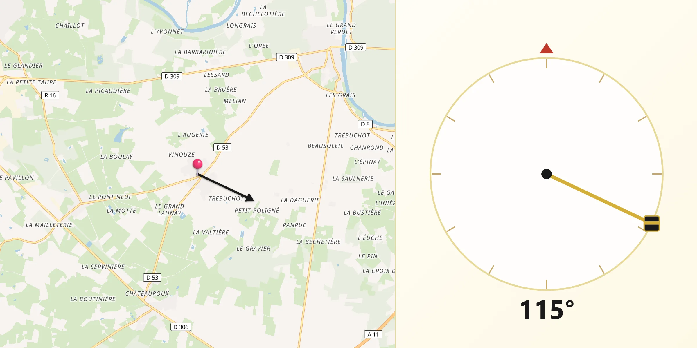 Direction vers la Qibla depuis Vion