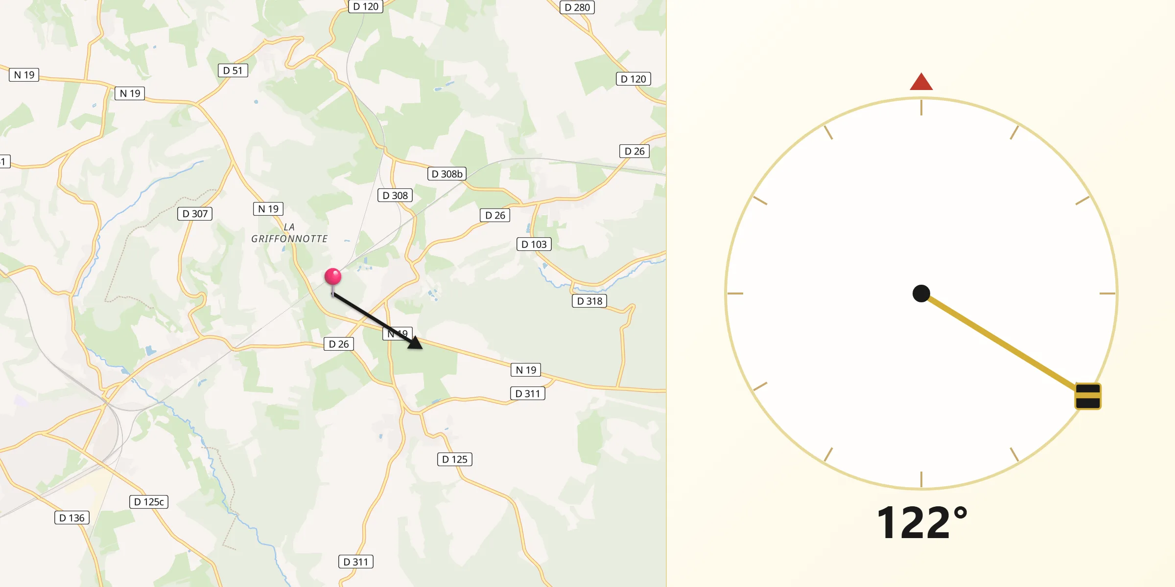 Direction vers la Qibla depuis Chaudenay