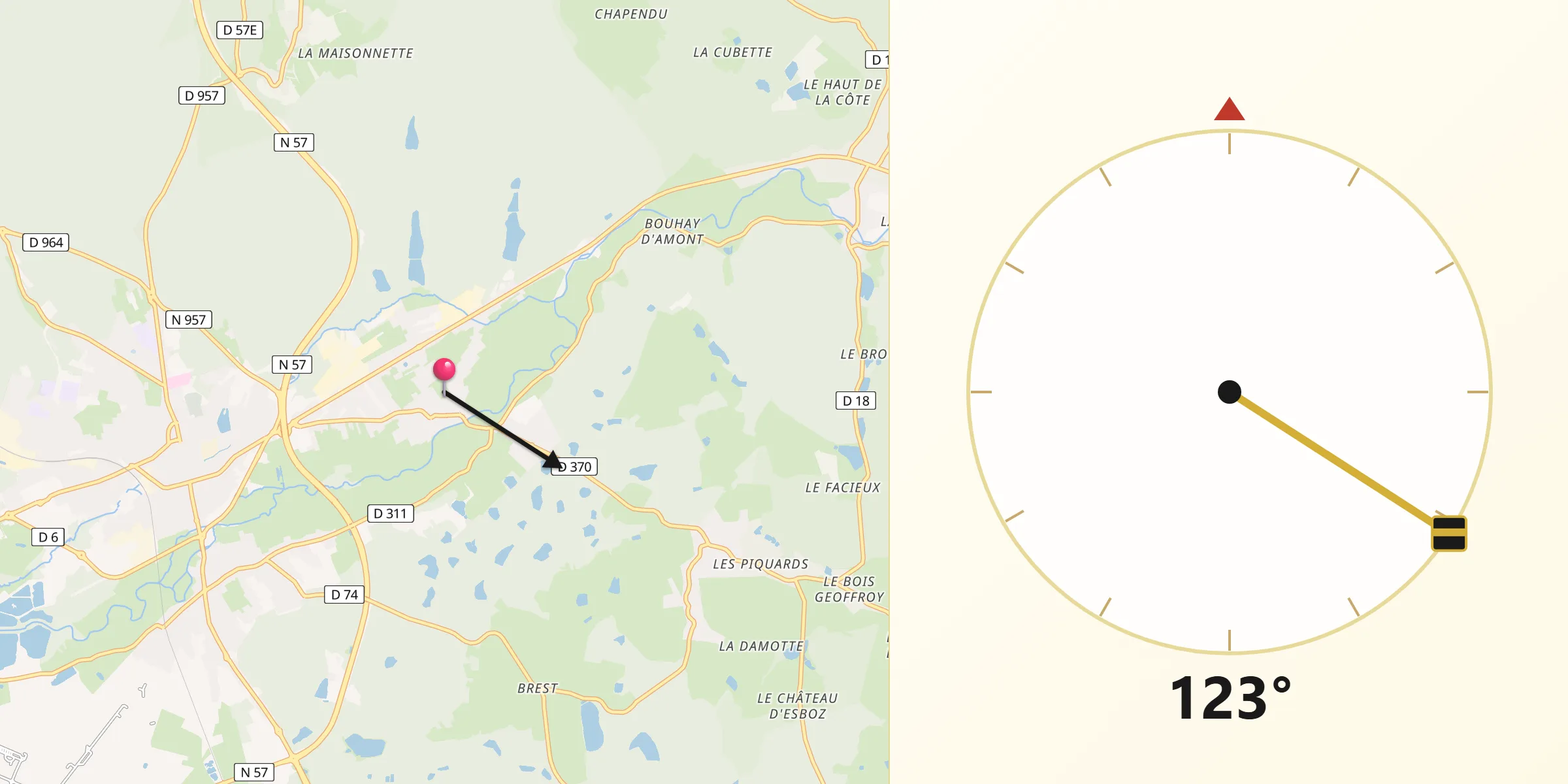 Direction vers la Qibla depuis Froideconche