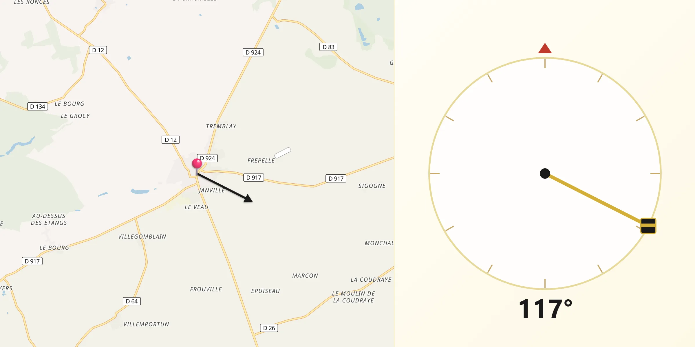 Direction vers la Qibla depuis Oucques