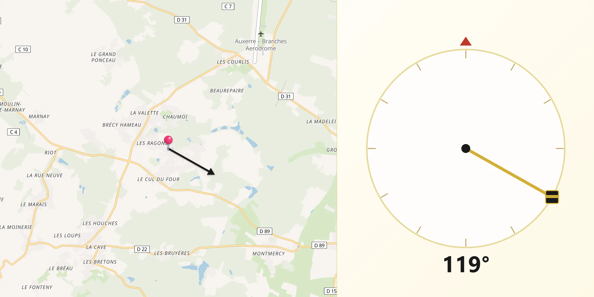 Direction vers la Qibla depuis Charbuy
