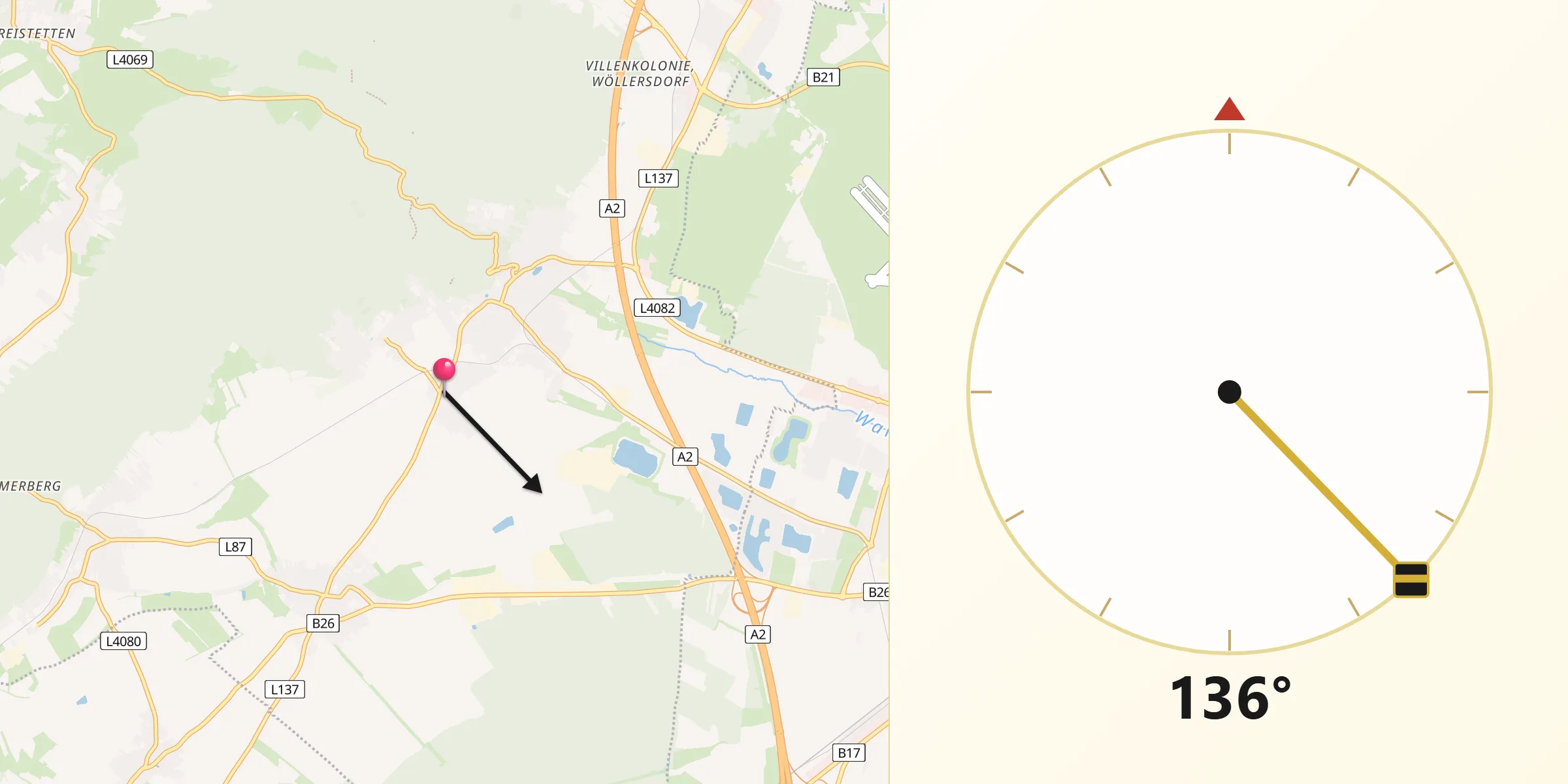 Qibla-Richtung von Brunn an der Schneebergbahn