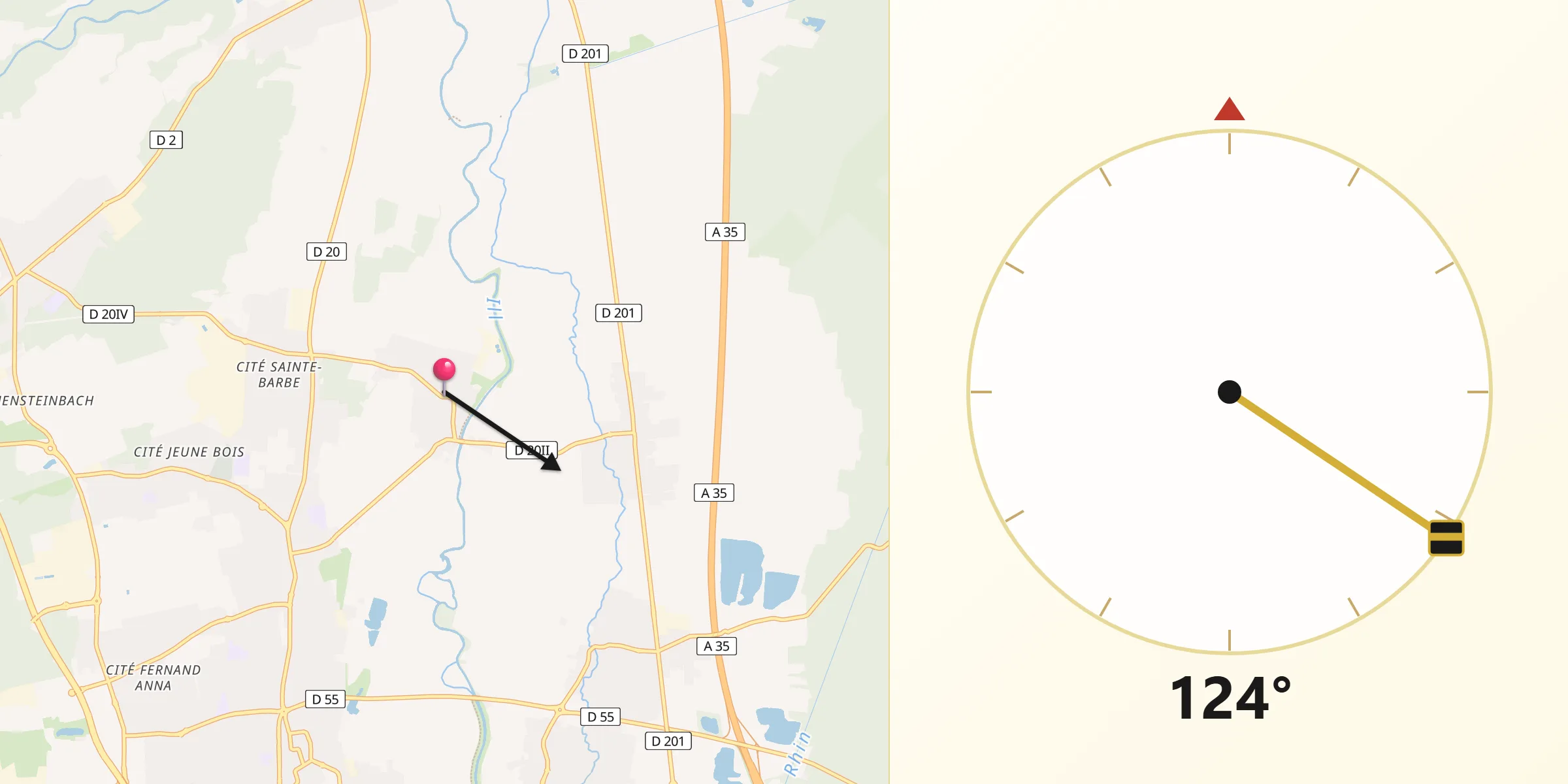 Direction vers la Qibla depuis Ruelisheim