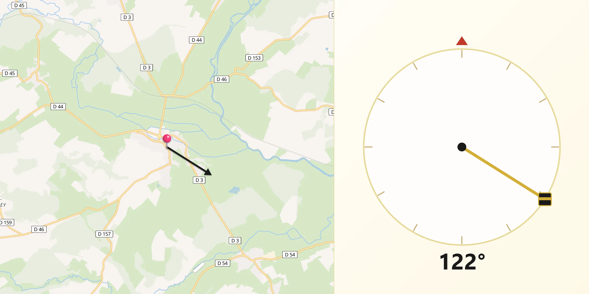 Direction vers la Qibla depuis Jussey