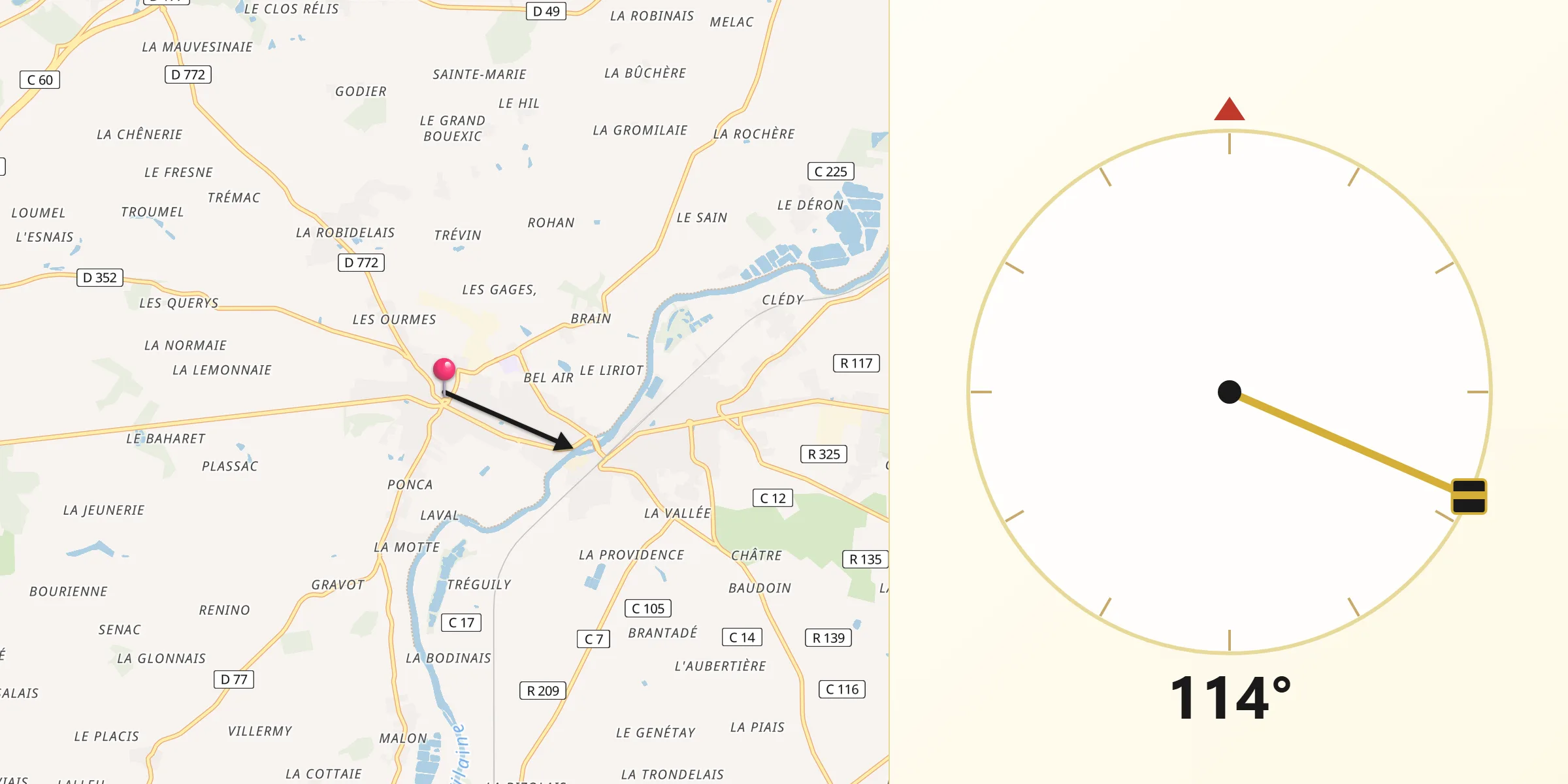 Direction vers la Qibla depuis Guipry