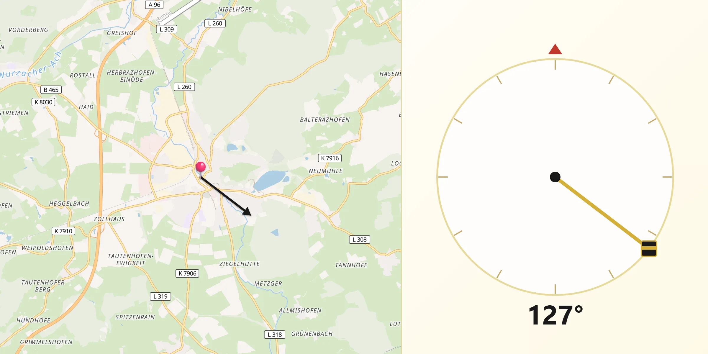 Qibla-Richtung von Leutkirch im Allgäu
