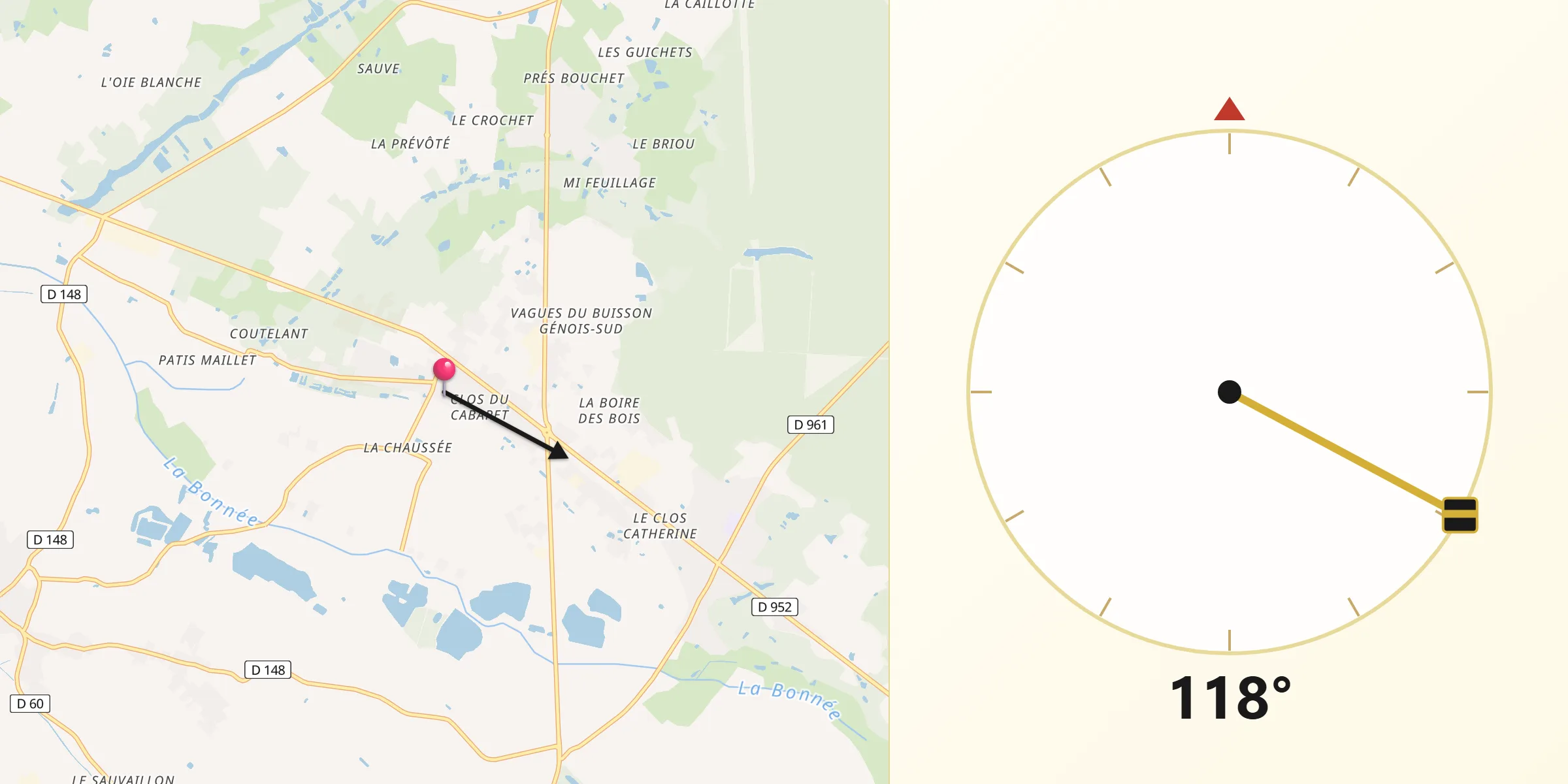 Direction vers la Qibla depuis Bray-en-Val