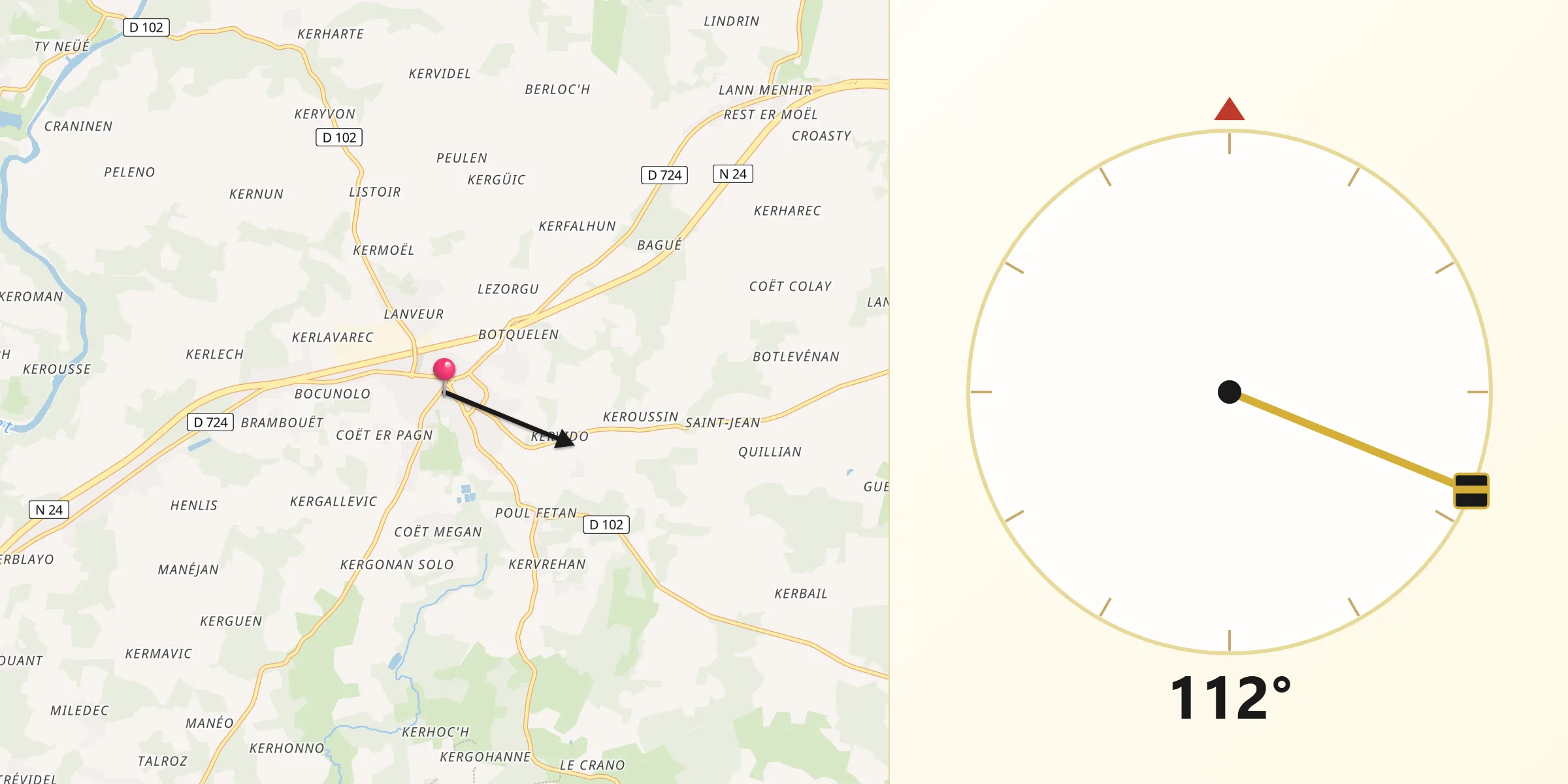 Direction vers la Qibla depuis Languidic