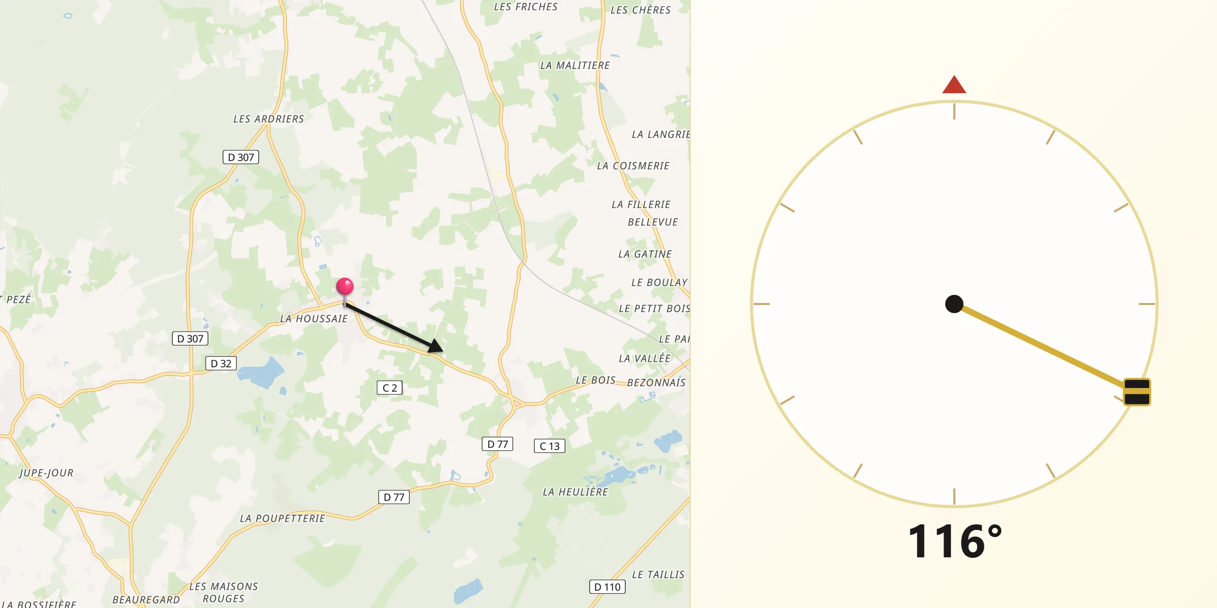 Direction vers la Qibla depuis Saint-Ouen-en-Belin