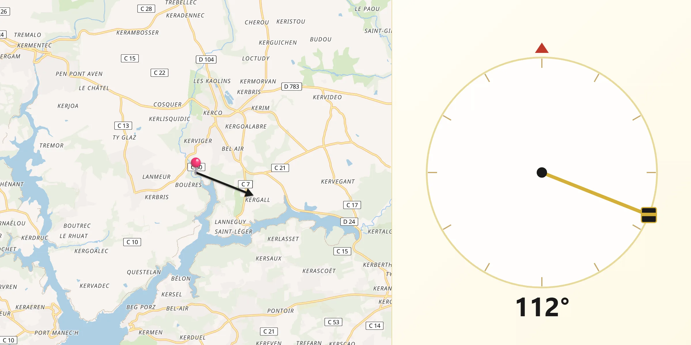 Direction vers la Qibla depuis Riec-sur-Belon