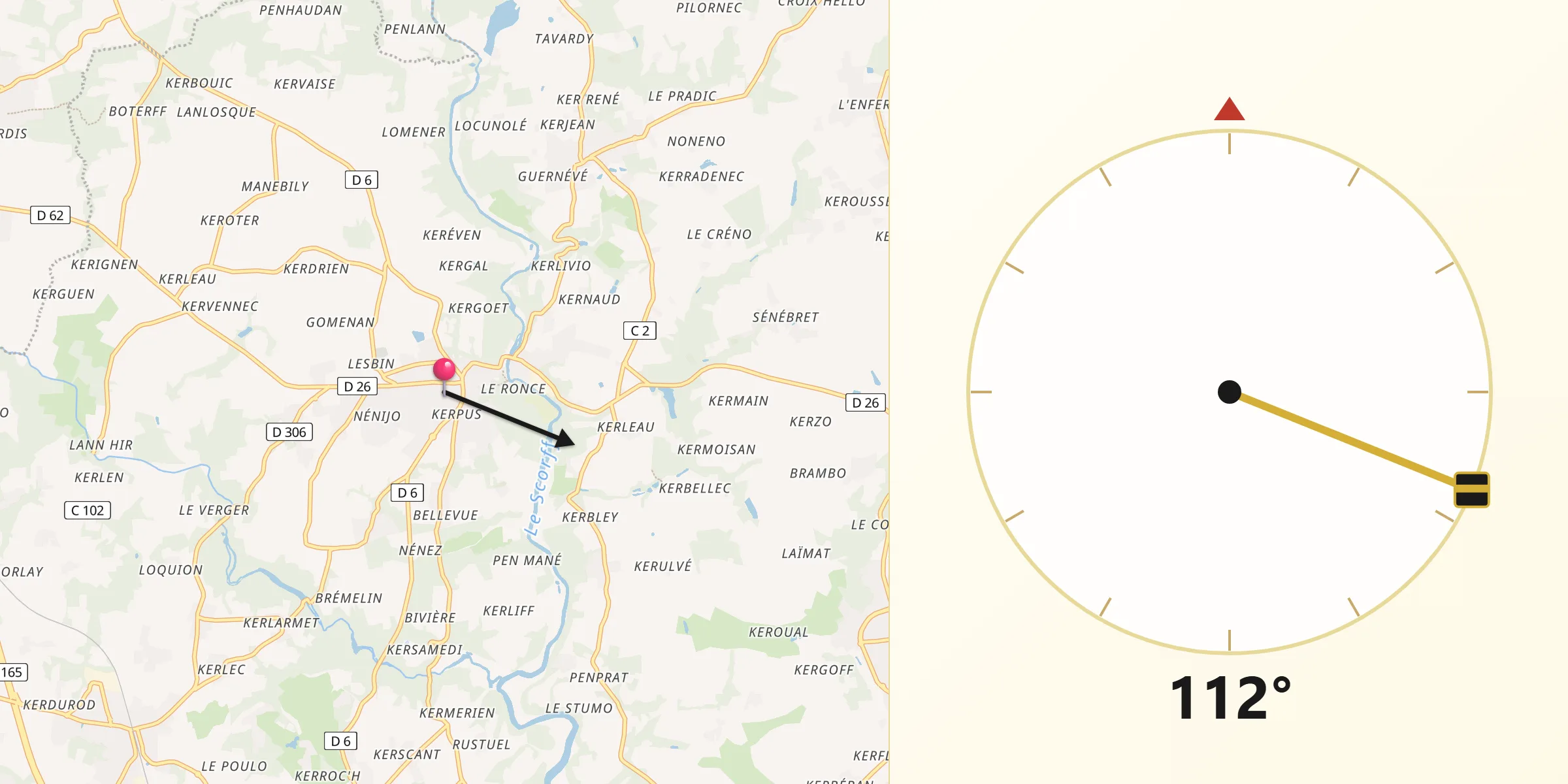 Direction vers la Qibla depuis Pont-Scorff