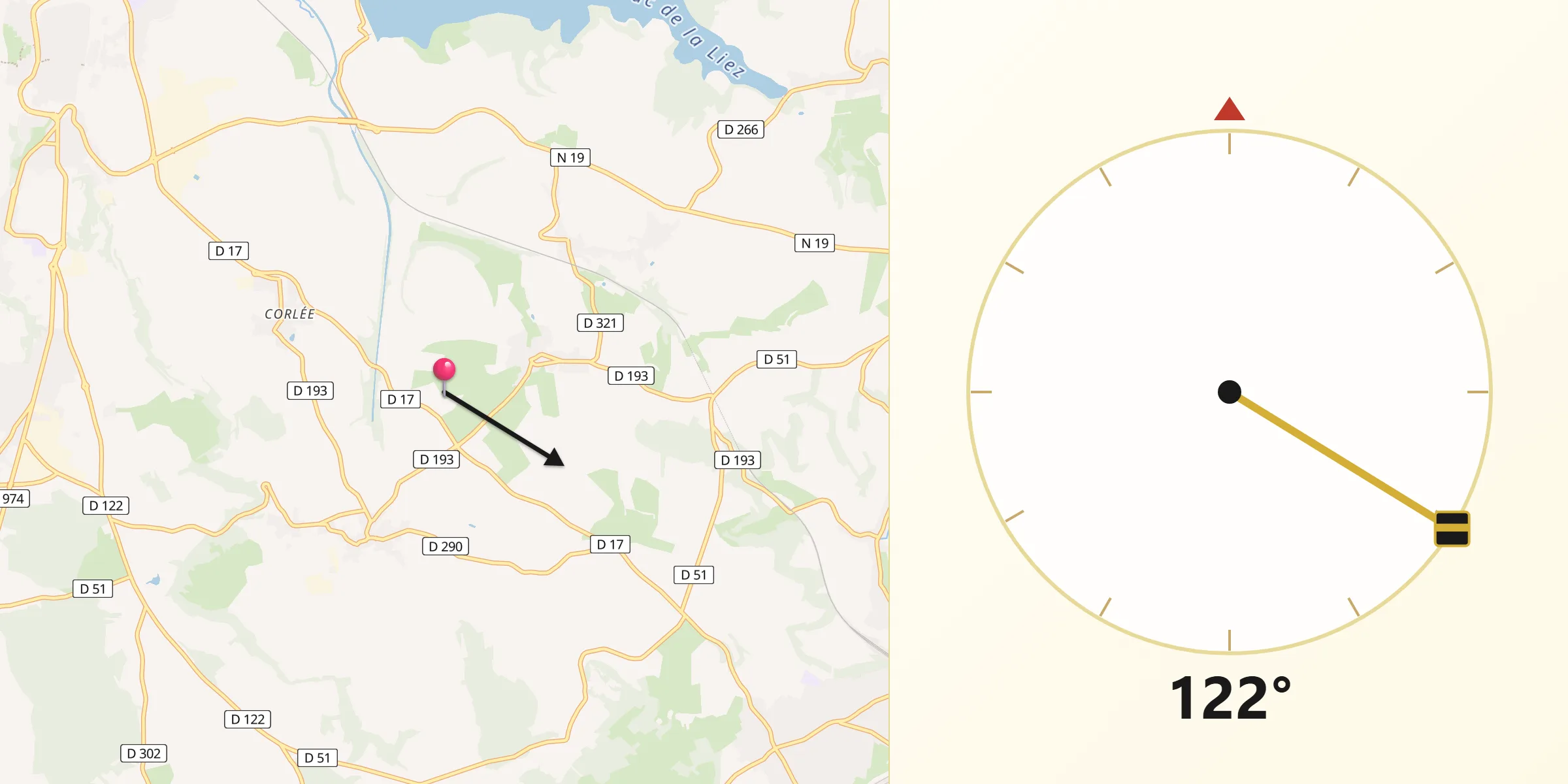 Direction vers la Qibla depuis Saint-Vallier-sur-Marne