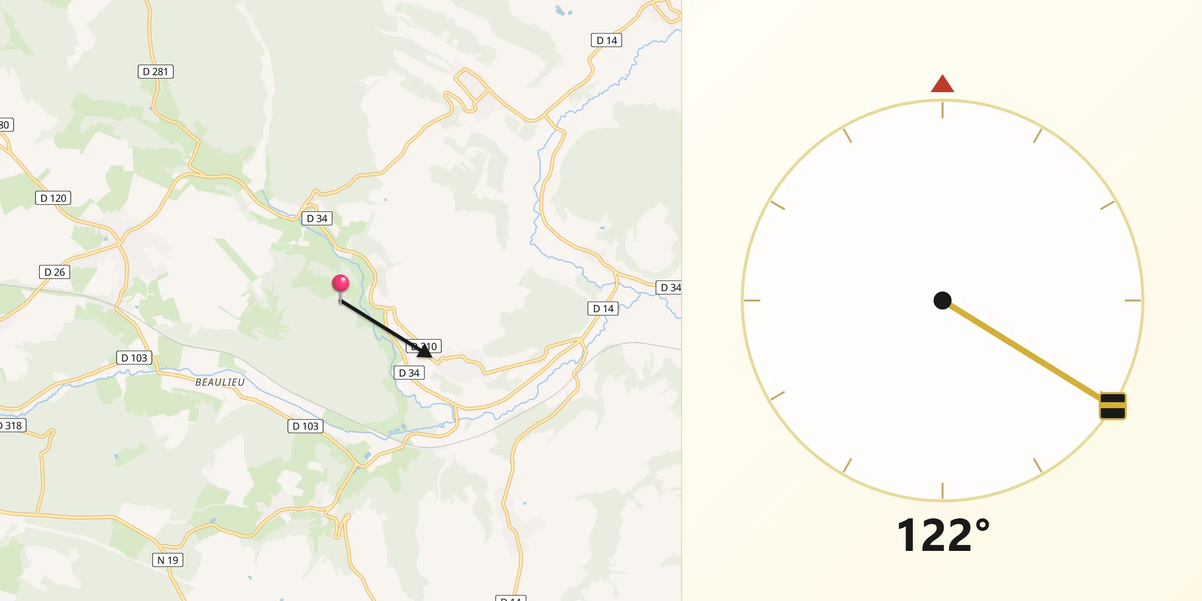 Direction vers la Qibla depuis Maizières-sur-Amance