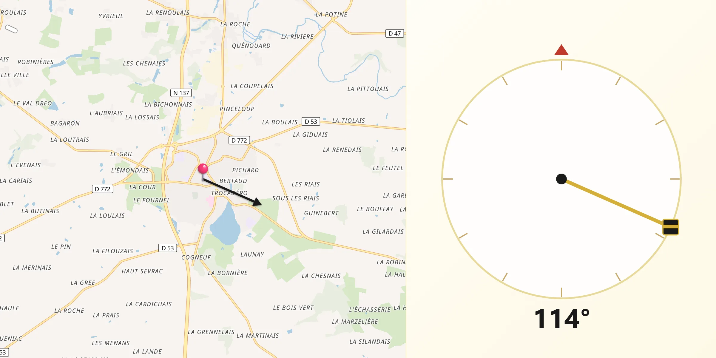 Direction vers la Qibla depuis Bain-de-Bretagne