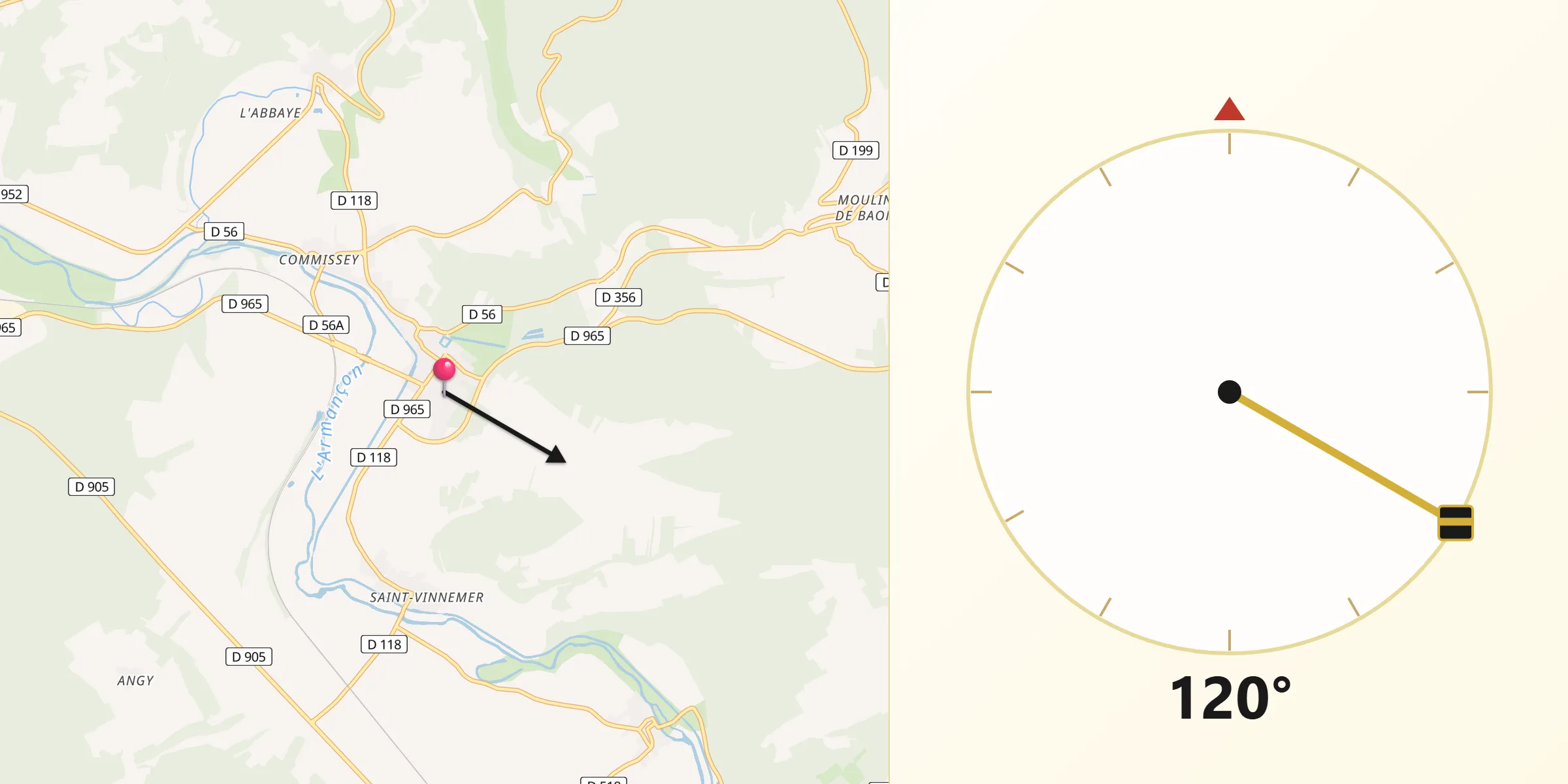 Direction vers la Qibla depuis Tanlay