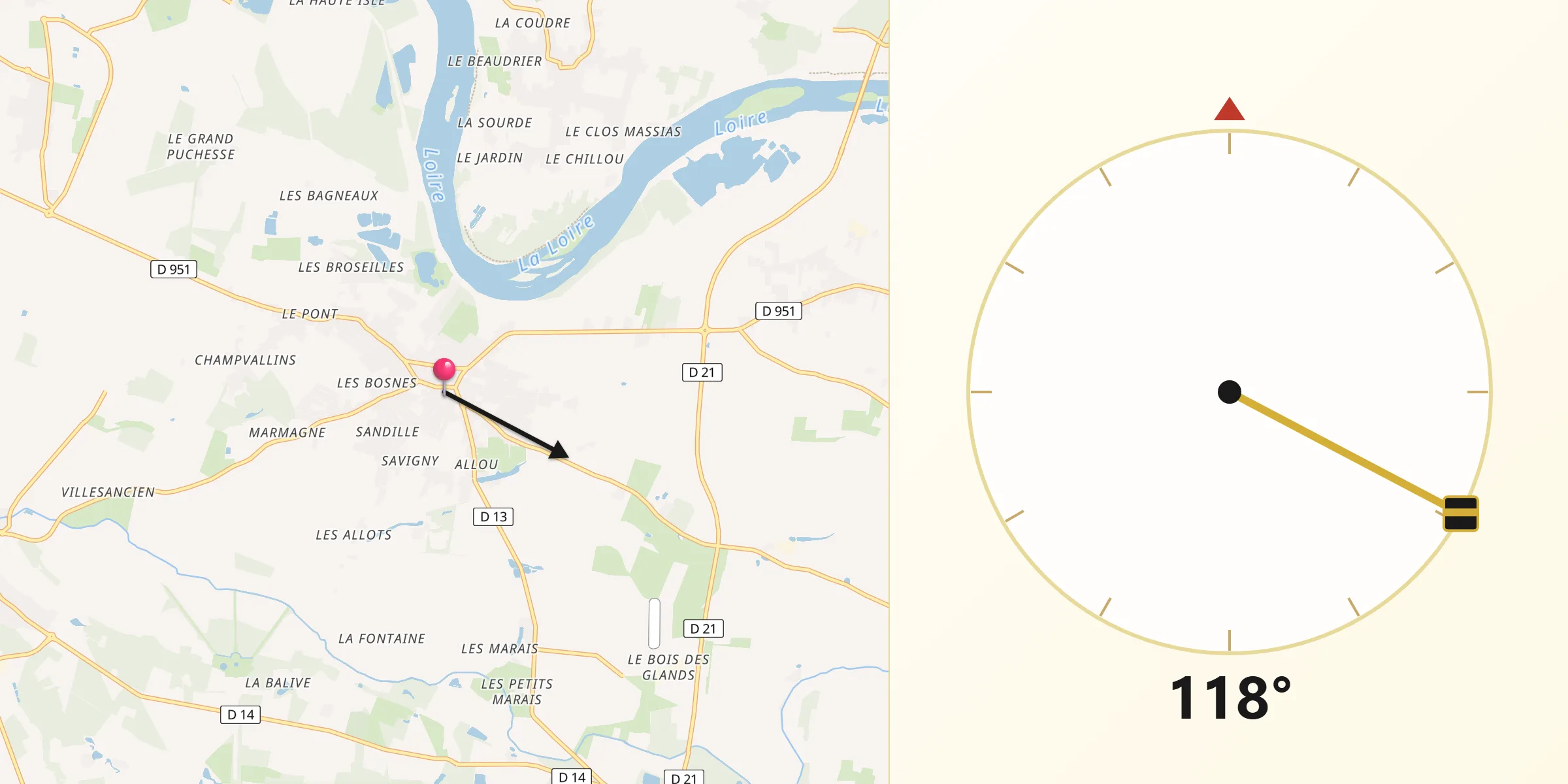 Direction vers la Qibla depuis Sandillon