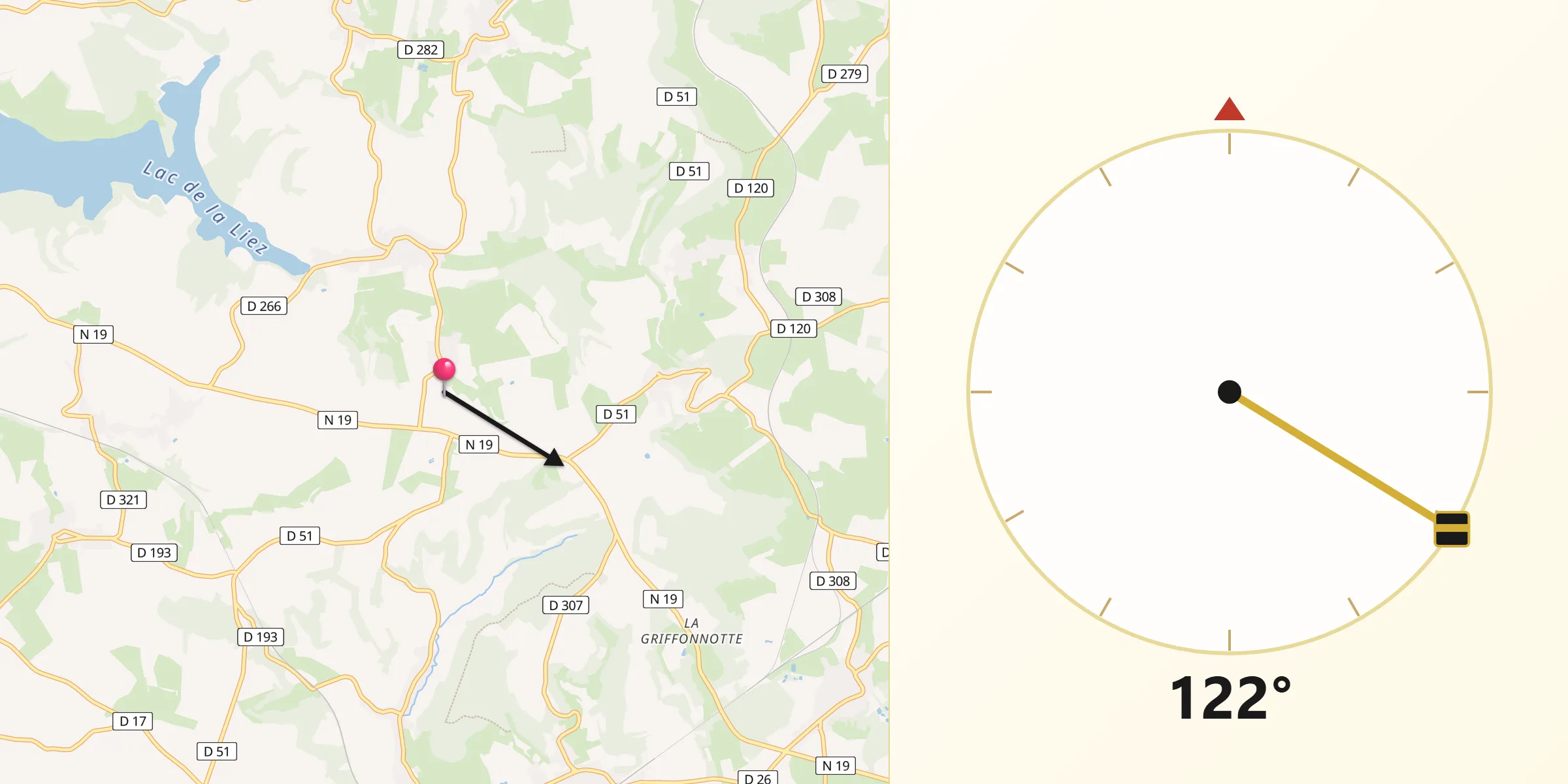 Direction vers la Qibla depuis Haute-Amance