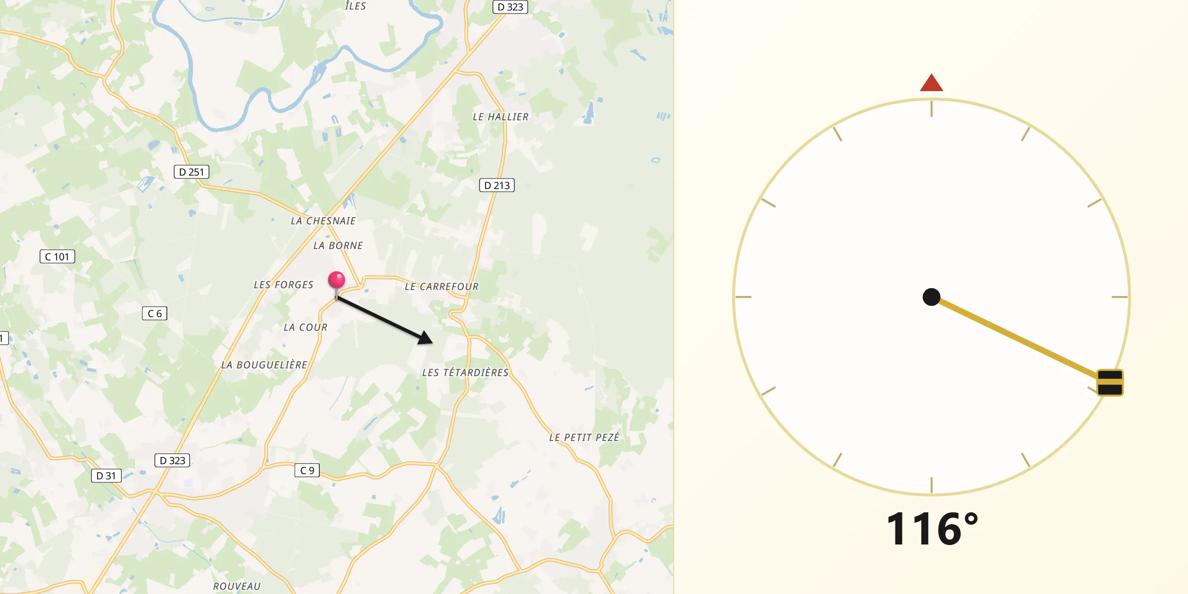 Direction vers la Qibla depuis Parigné-le-Pôlin