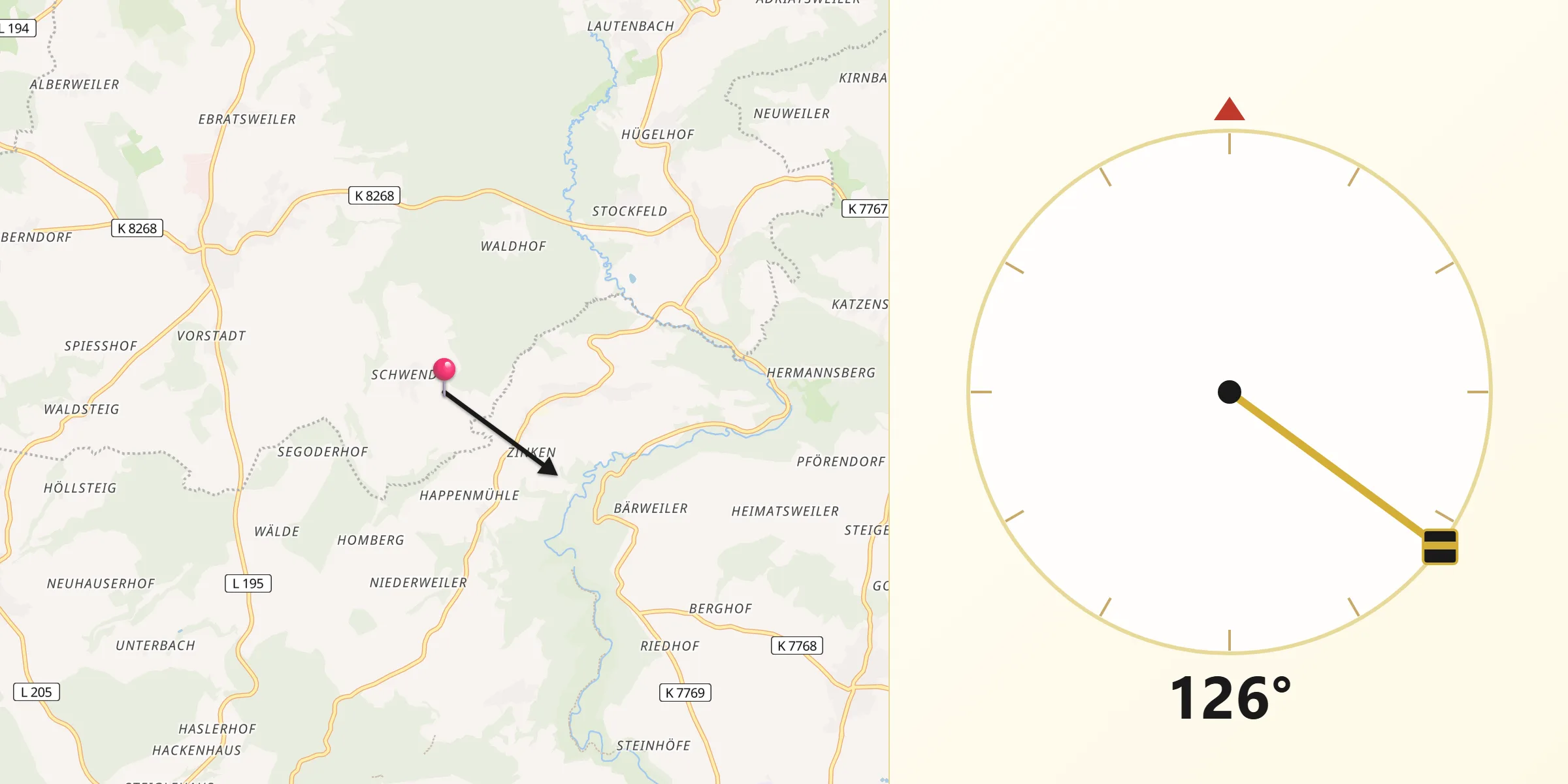 Qibla-Richtung von Herdwangen-Schönach