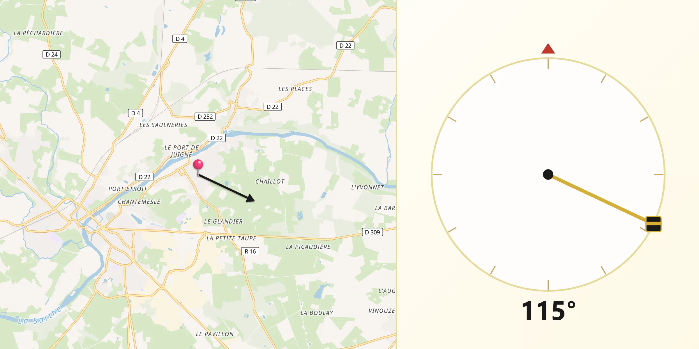 Direction vers la Qibla depuis Solesmes