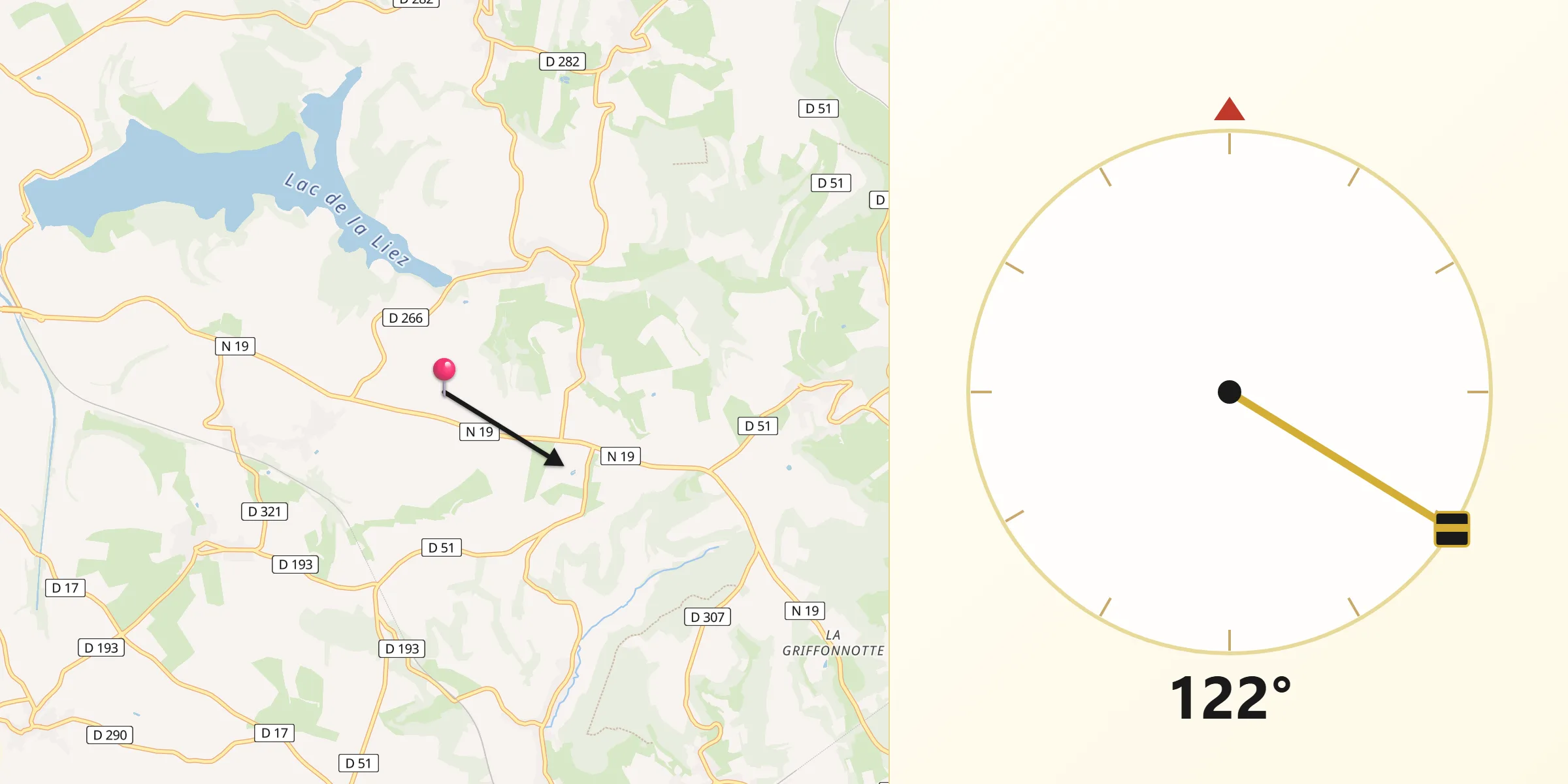 Direction vers la Qibla depuis Chatenay-Vaudin
