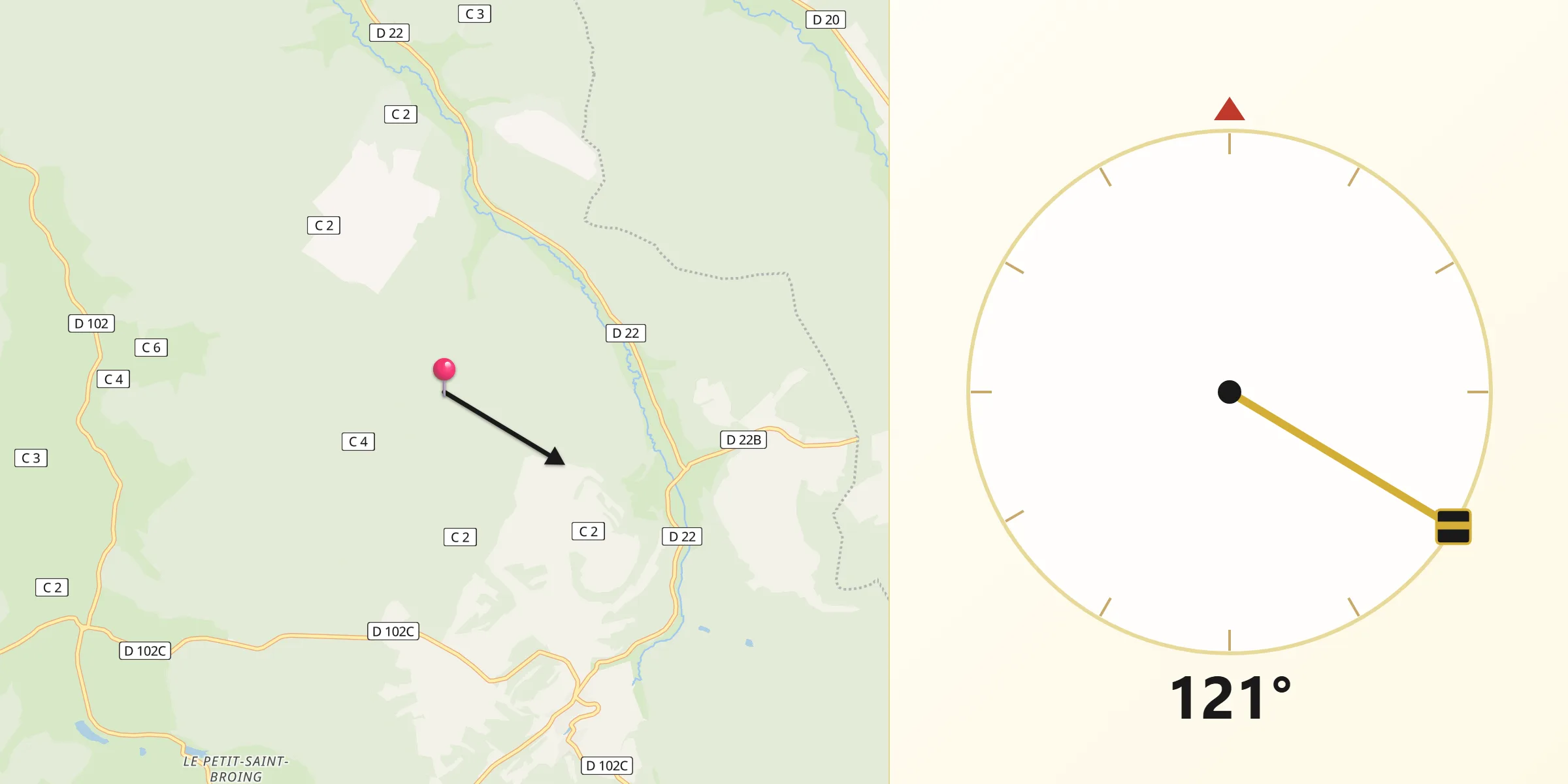 Direction vers la Qibla depuis Rouvres-sur-Aube