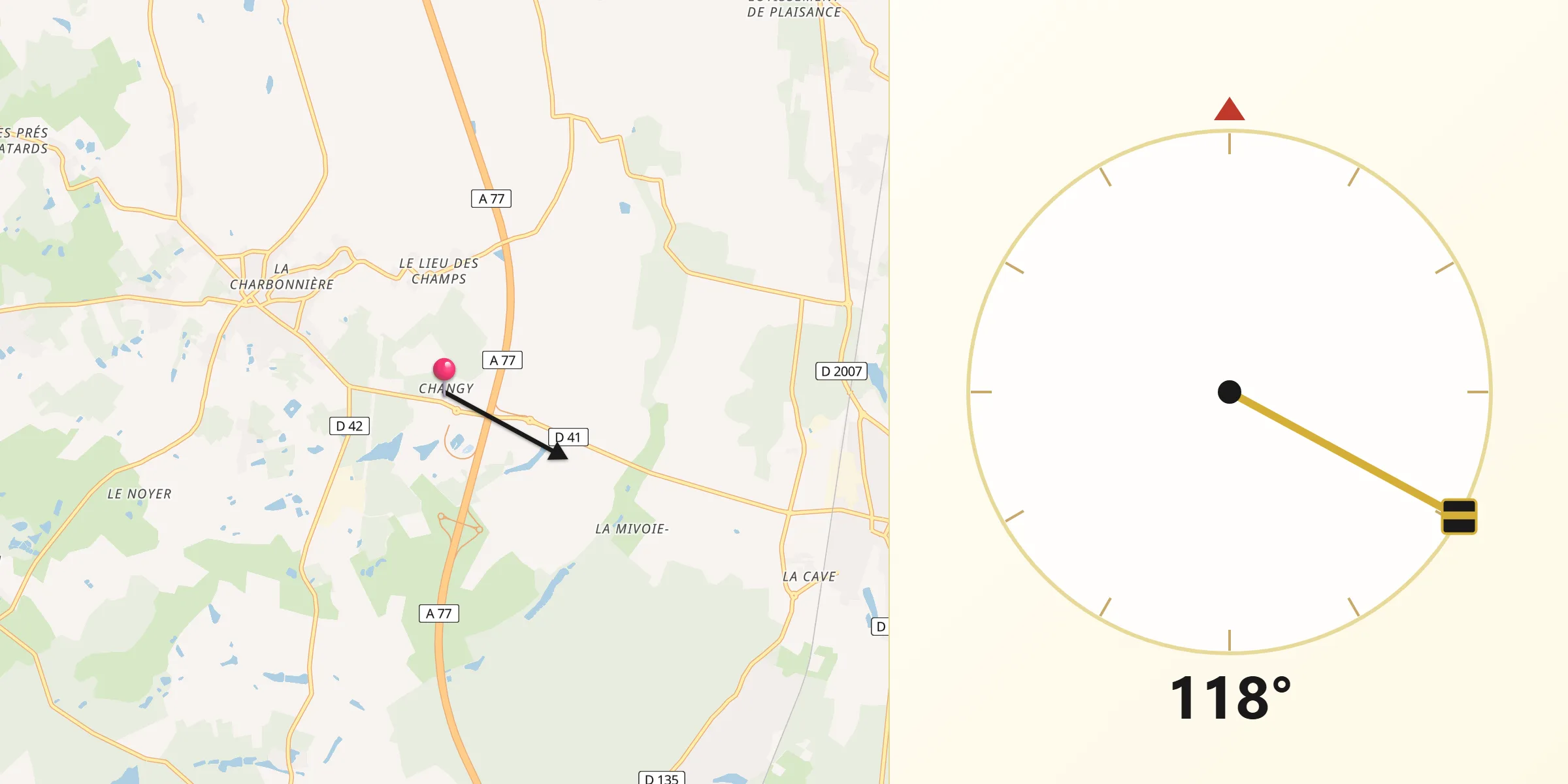 Direction vers la Qibla depuis Changy-les-Bois