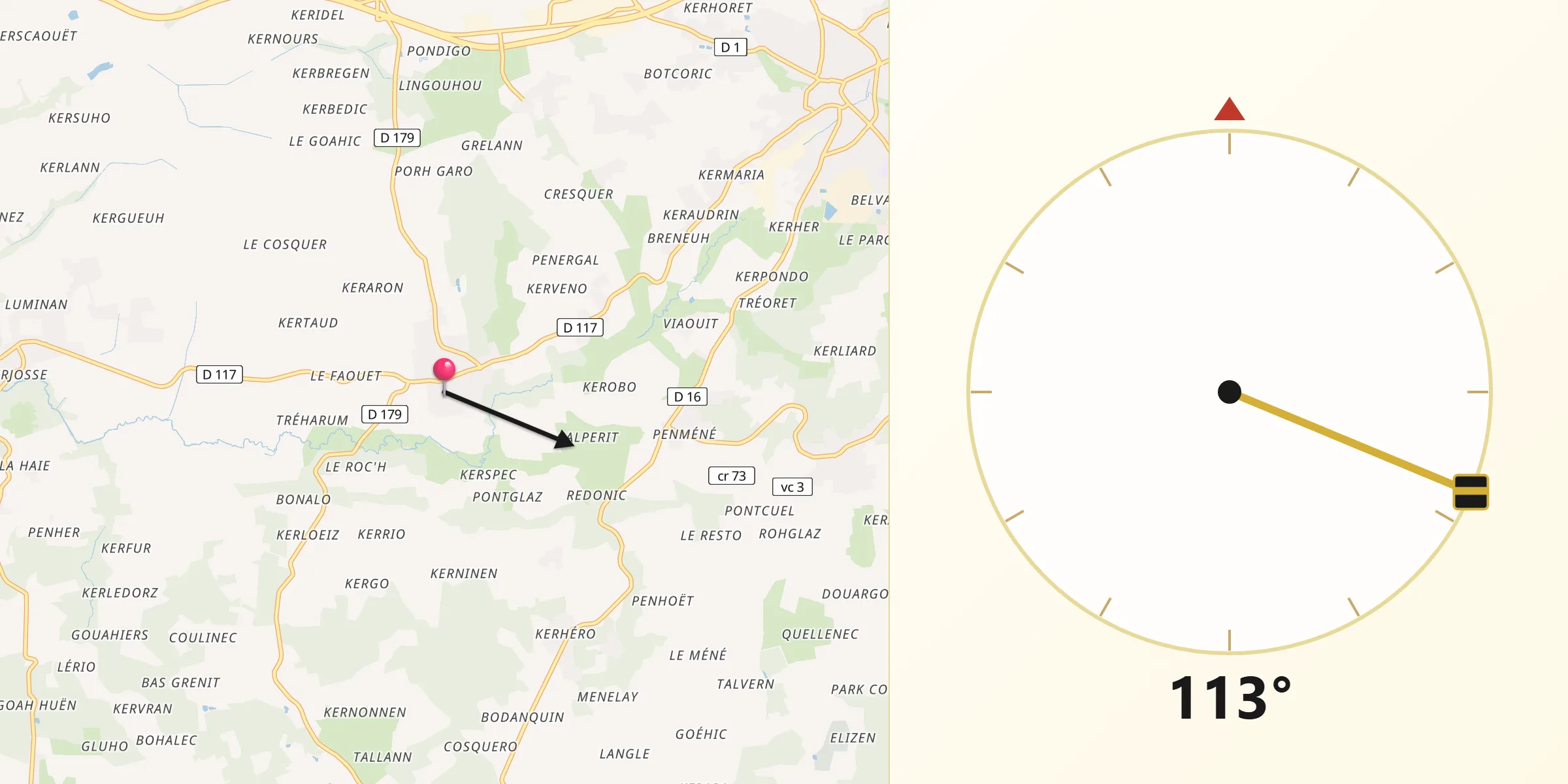 Direction vers la Qibla depuis Plumelin