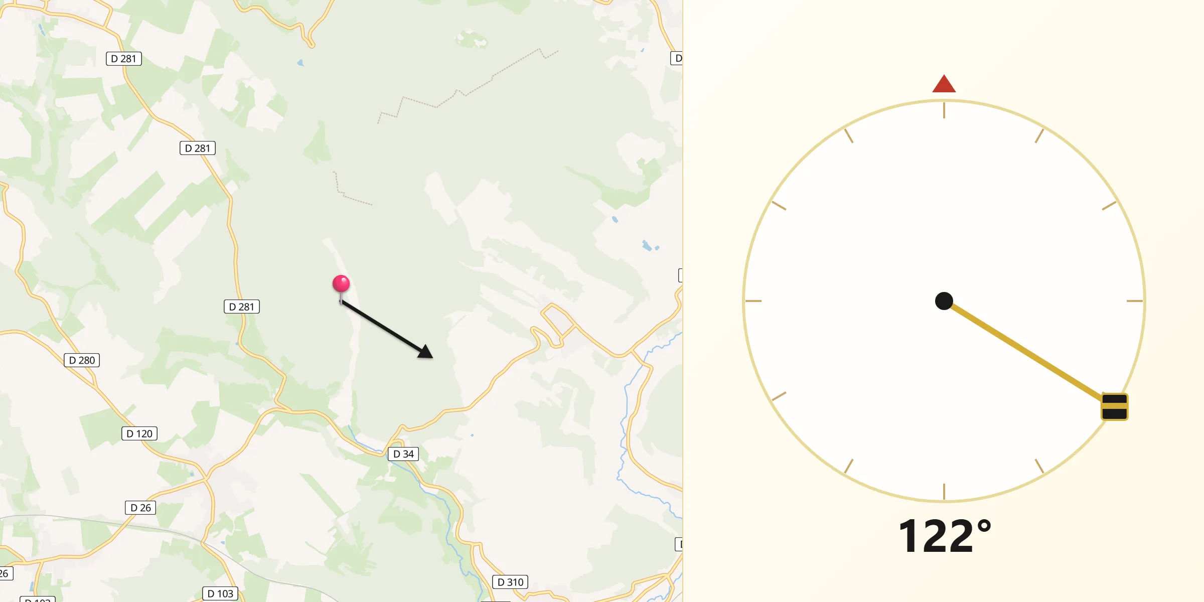 Direction vers la Qibla depuis Arbigny-sous-Varennes