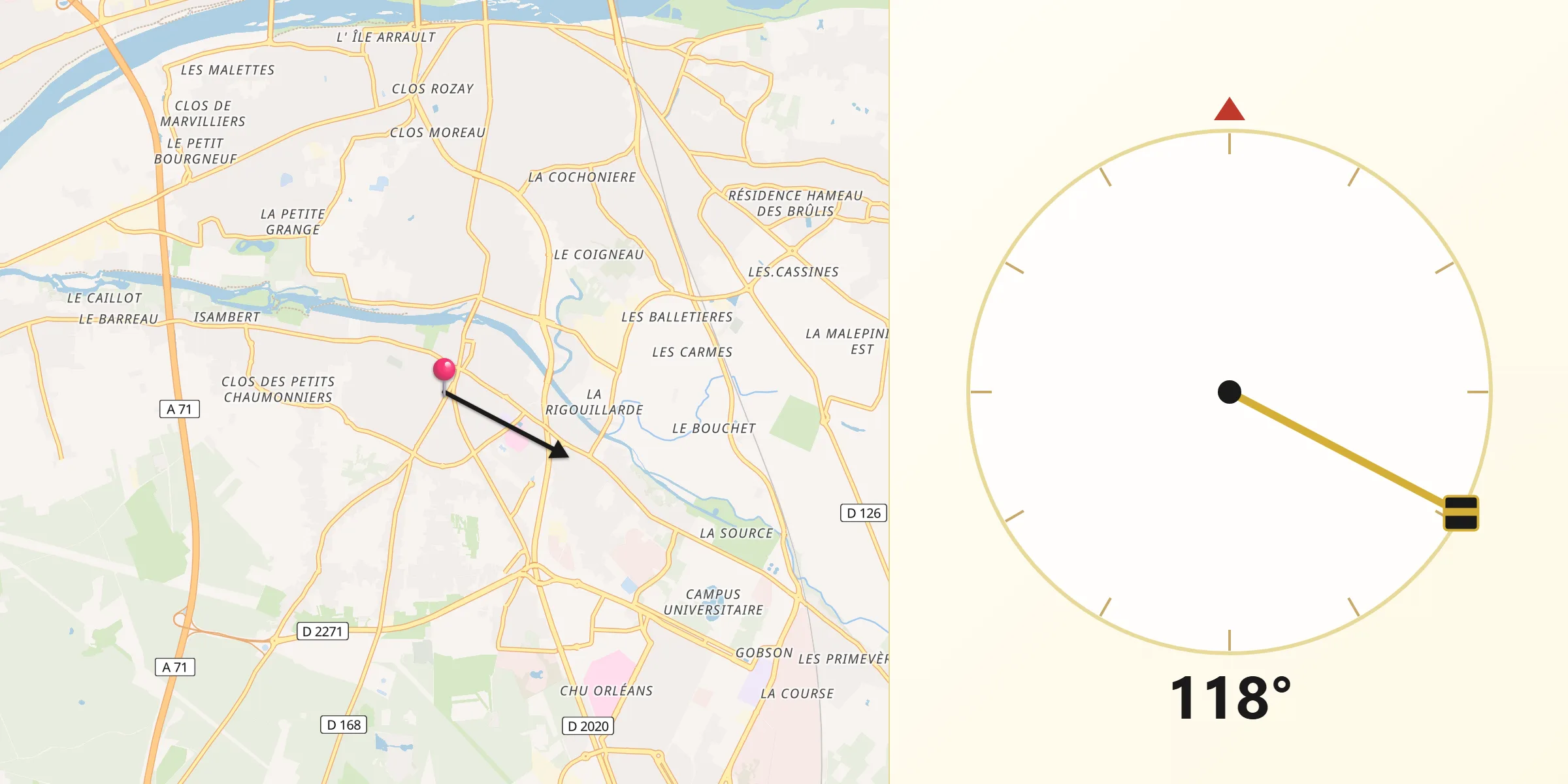 Direction vers la Qibla depuis Olivet