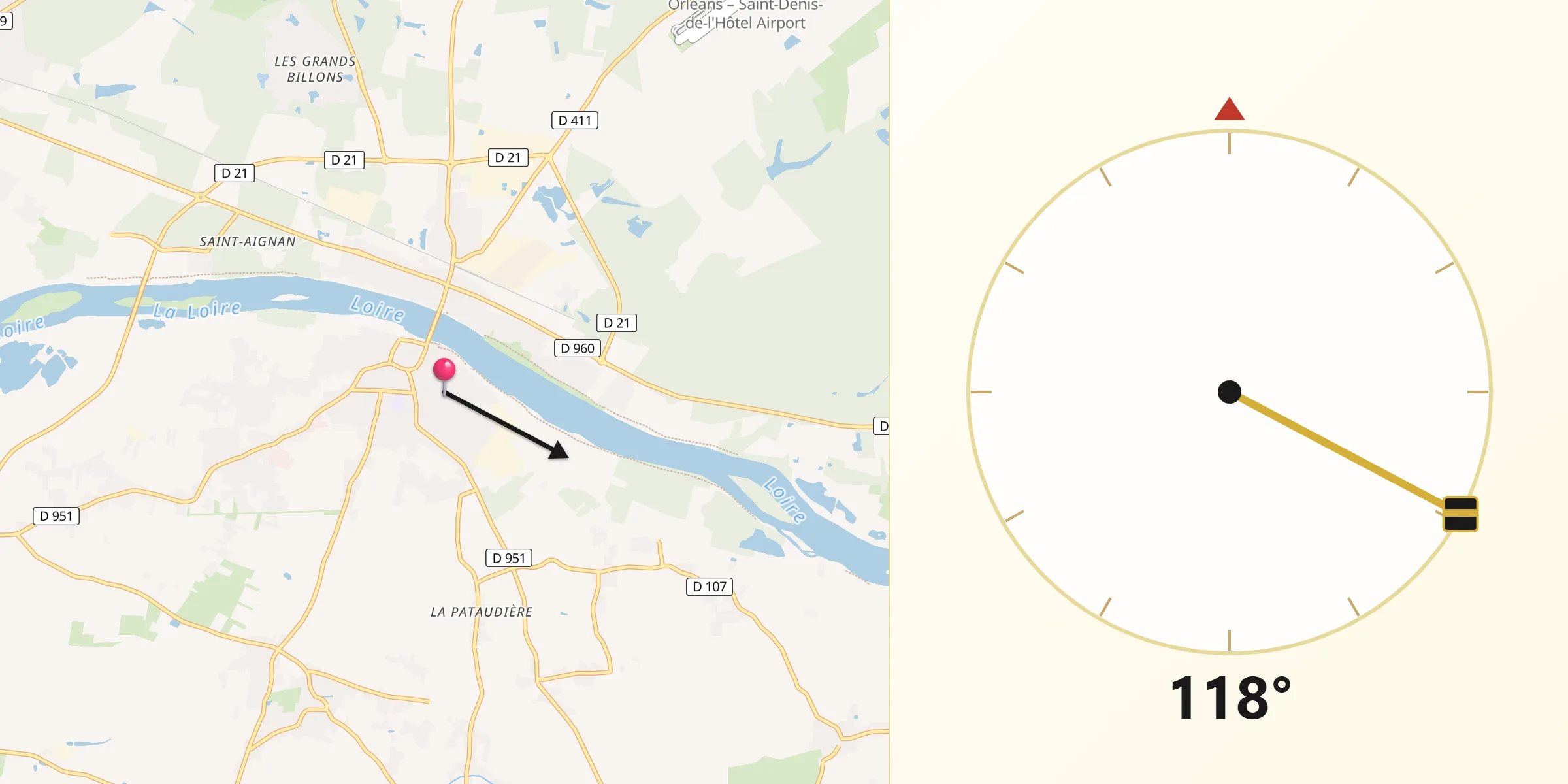 Direction vers la Qibla depuis Jargeau