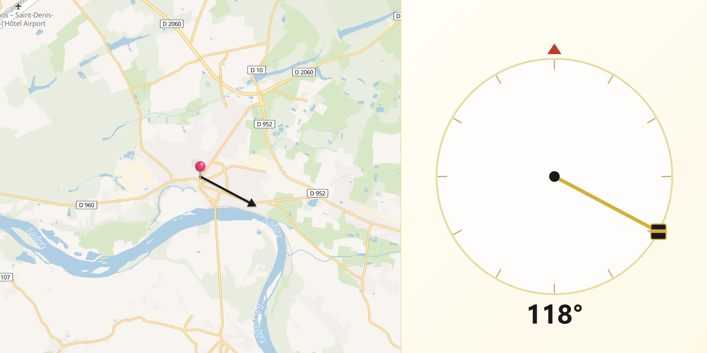 Direction vers la Qibla depuis Châteauneuf-sur-Loire