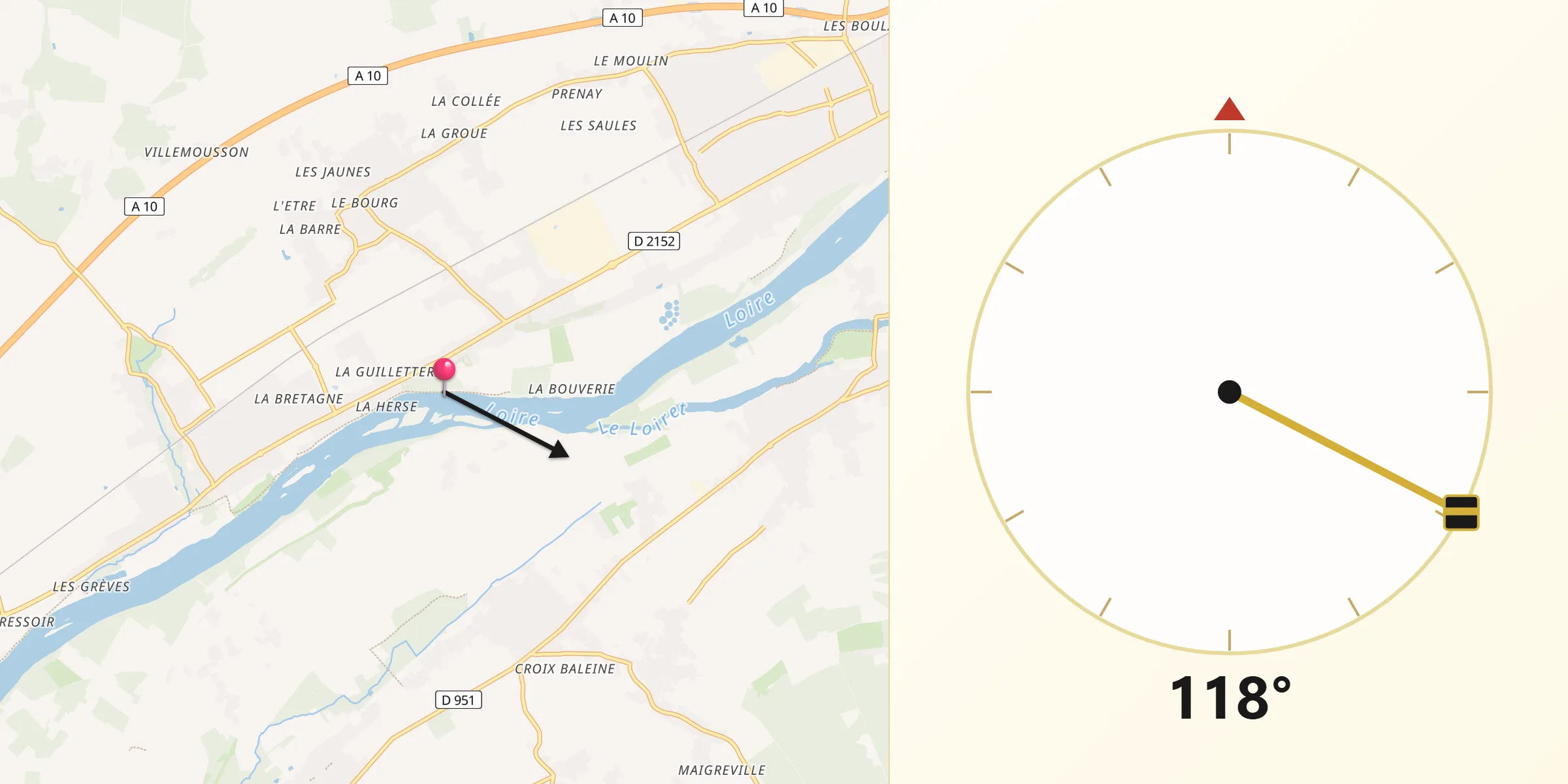 Direction vers la Qibla depuis Mareau-aux-Prés
