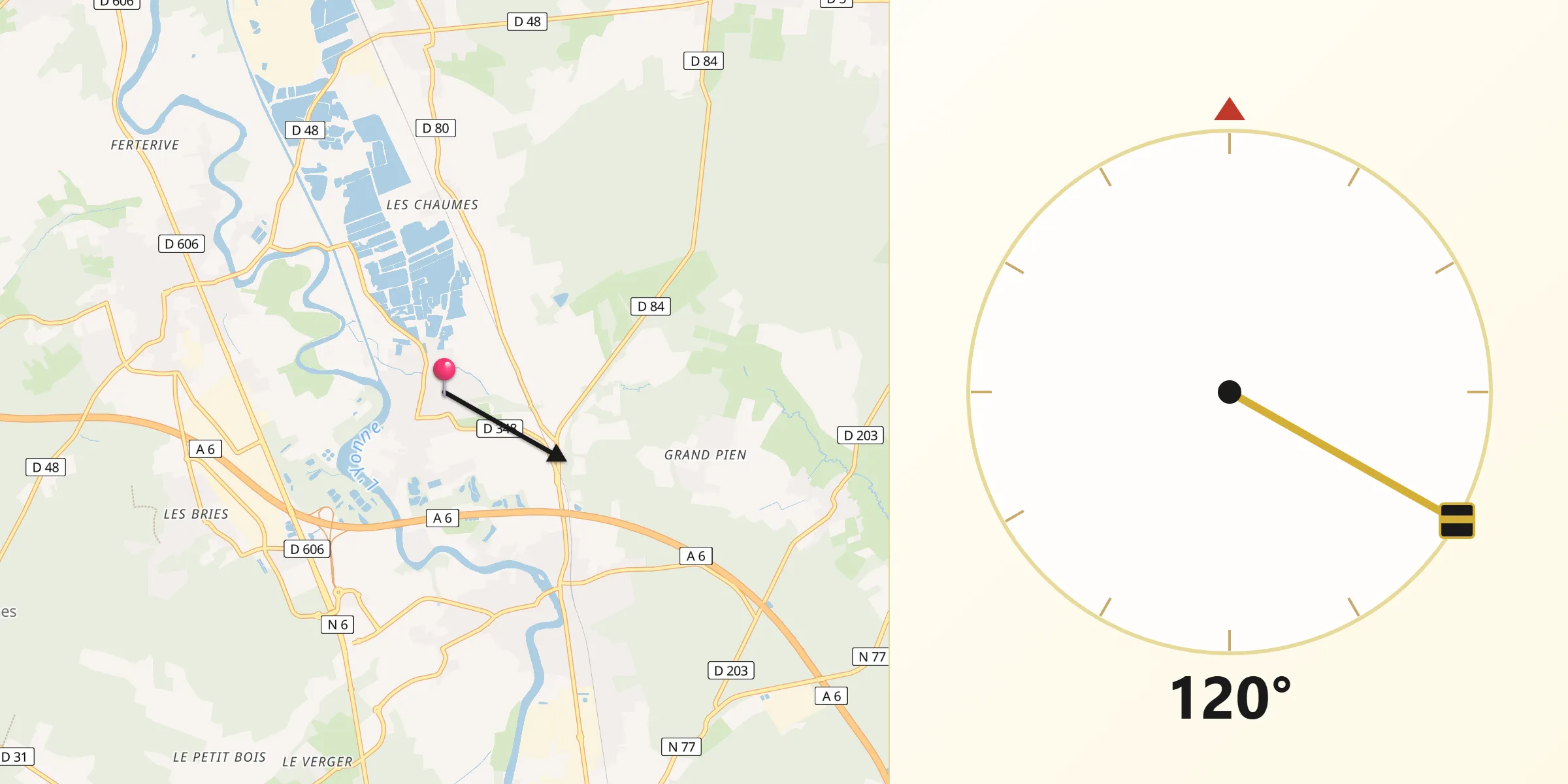 Direction vers la Qibla depuis Gurgy
