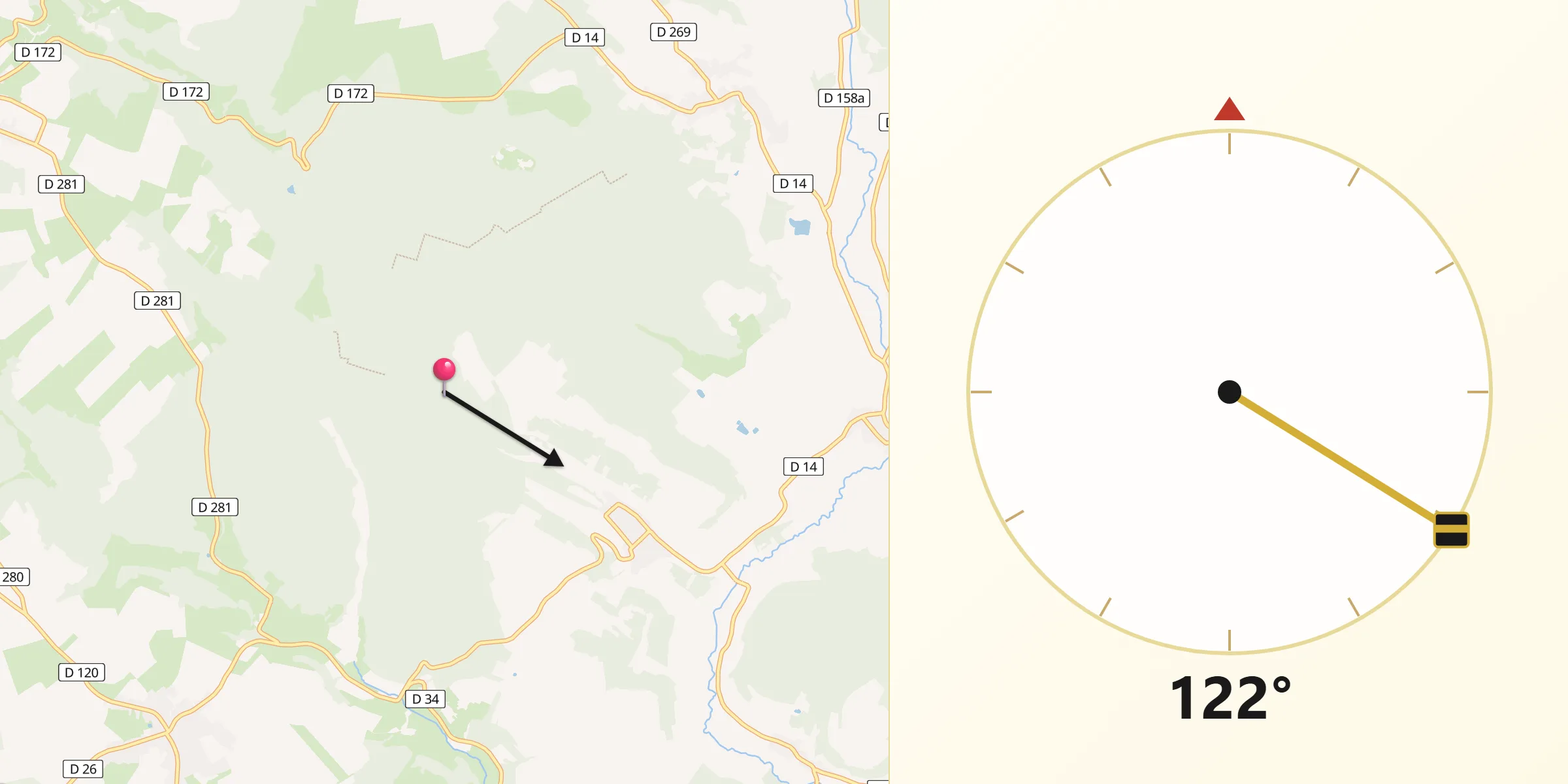 Direction vers la Qibla depuis Champigny-sous-Varennes